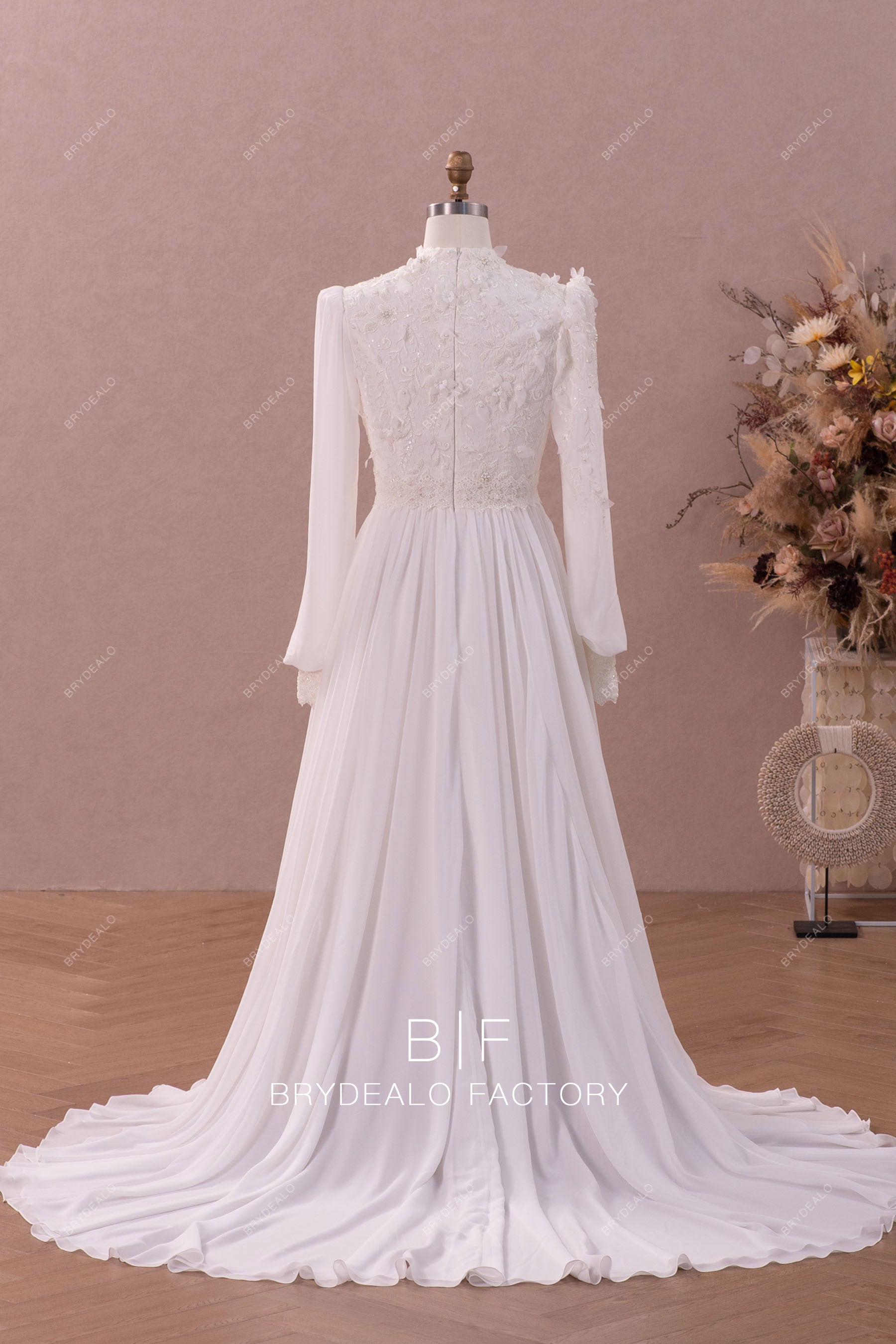 long chiffon modest A-line wedding dress