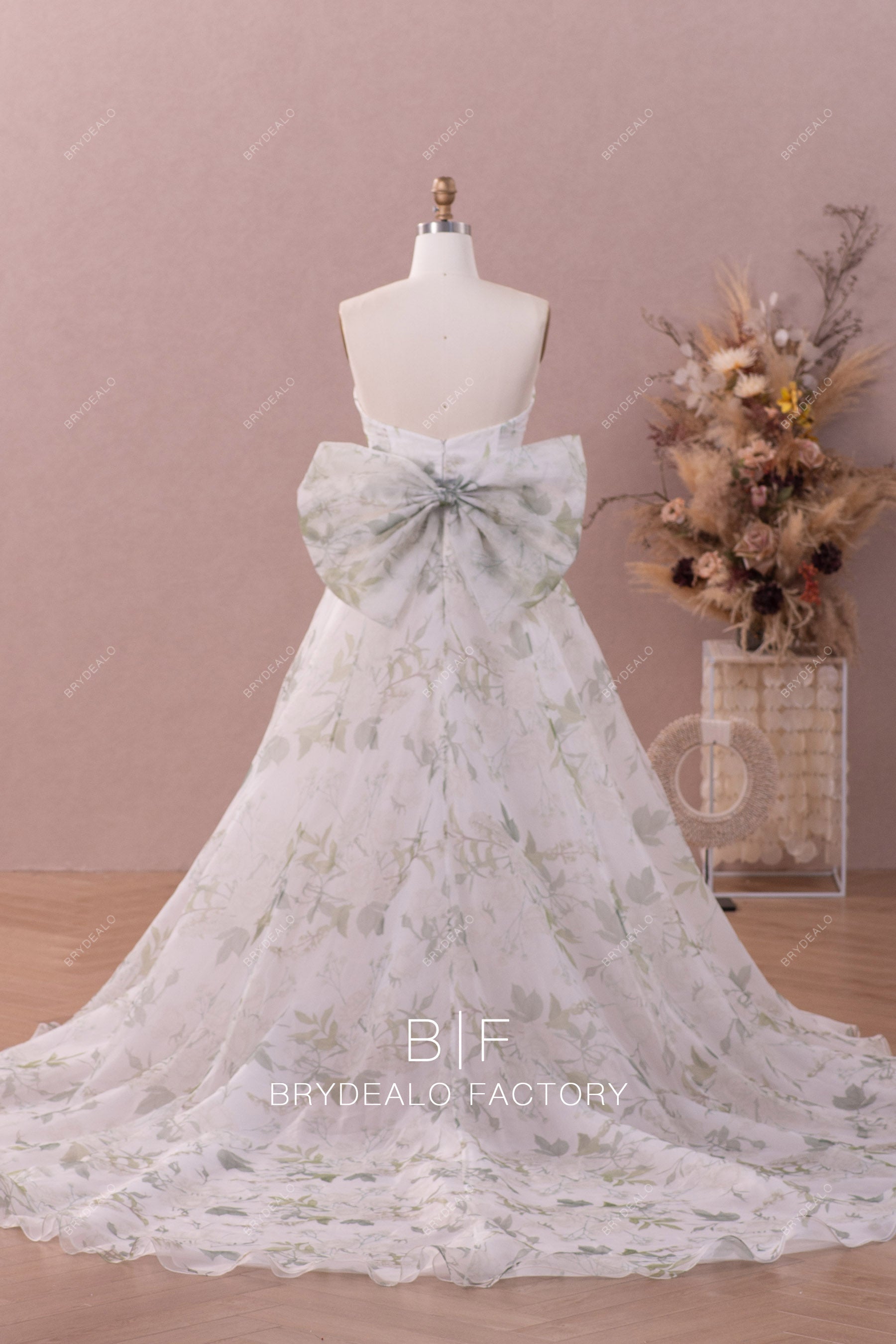 long floral bow organza wedding dress