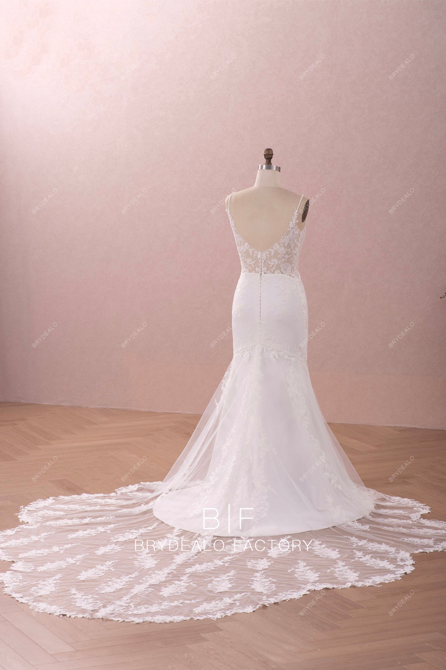 long flower lace cutout train wedding dress