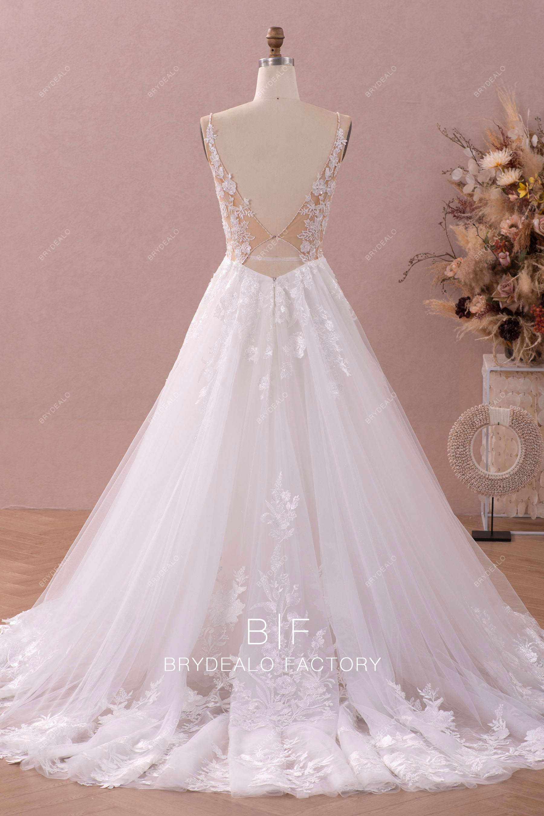 Shimmery Beaded Straps Plunging Lace Long Wedding Dress