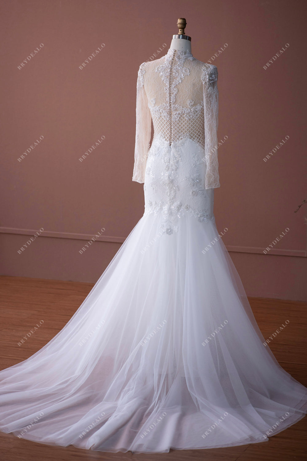 Beaded Illusion Neck Lace Chiffon Spring Wedding Dress