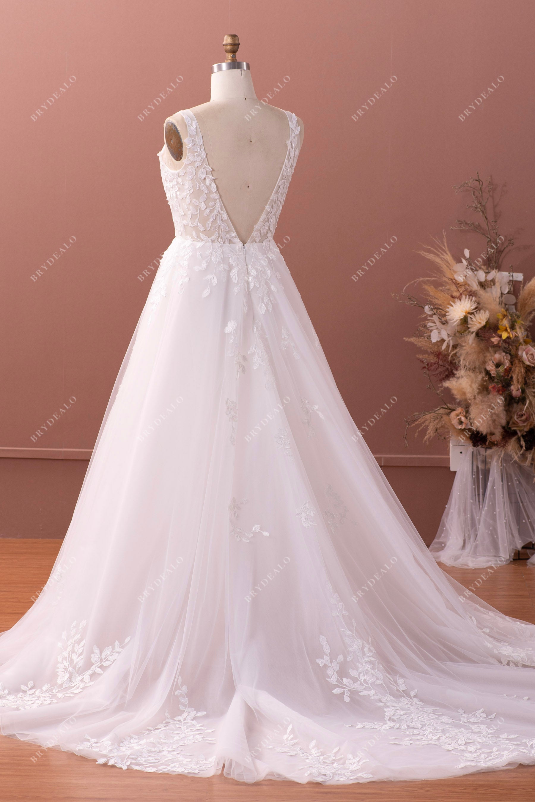 long lace tulle open back wedding dress