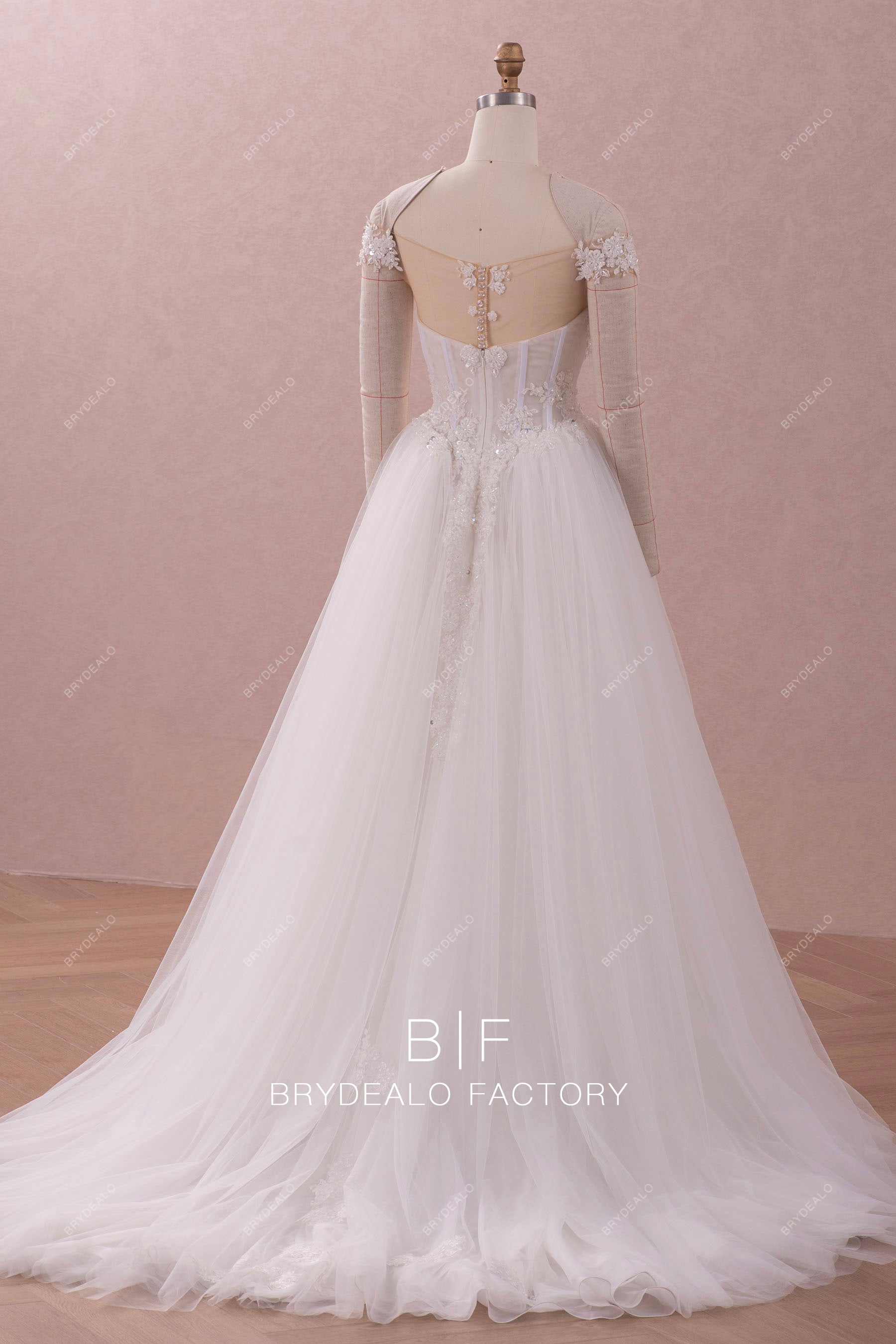 Illusion Back Beaded Lace Puffy A-line Wedding Dress