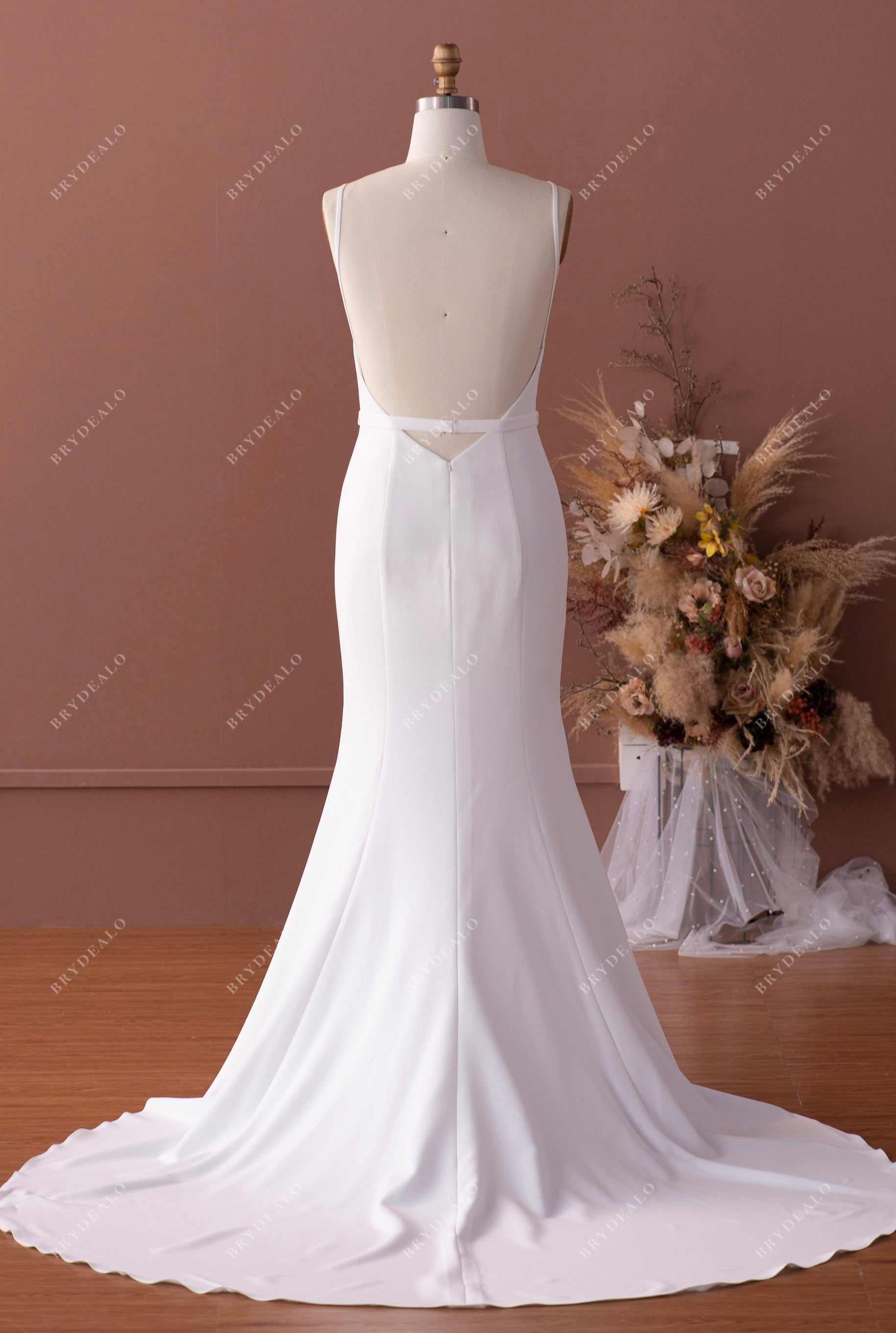 long open back detachable belt crepe bridal gown