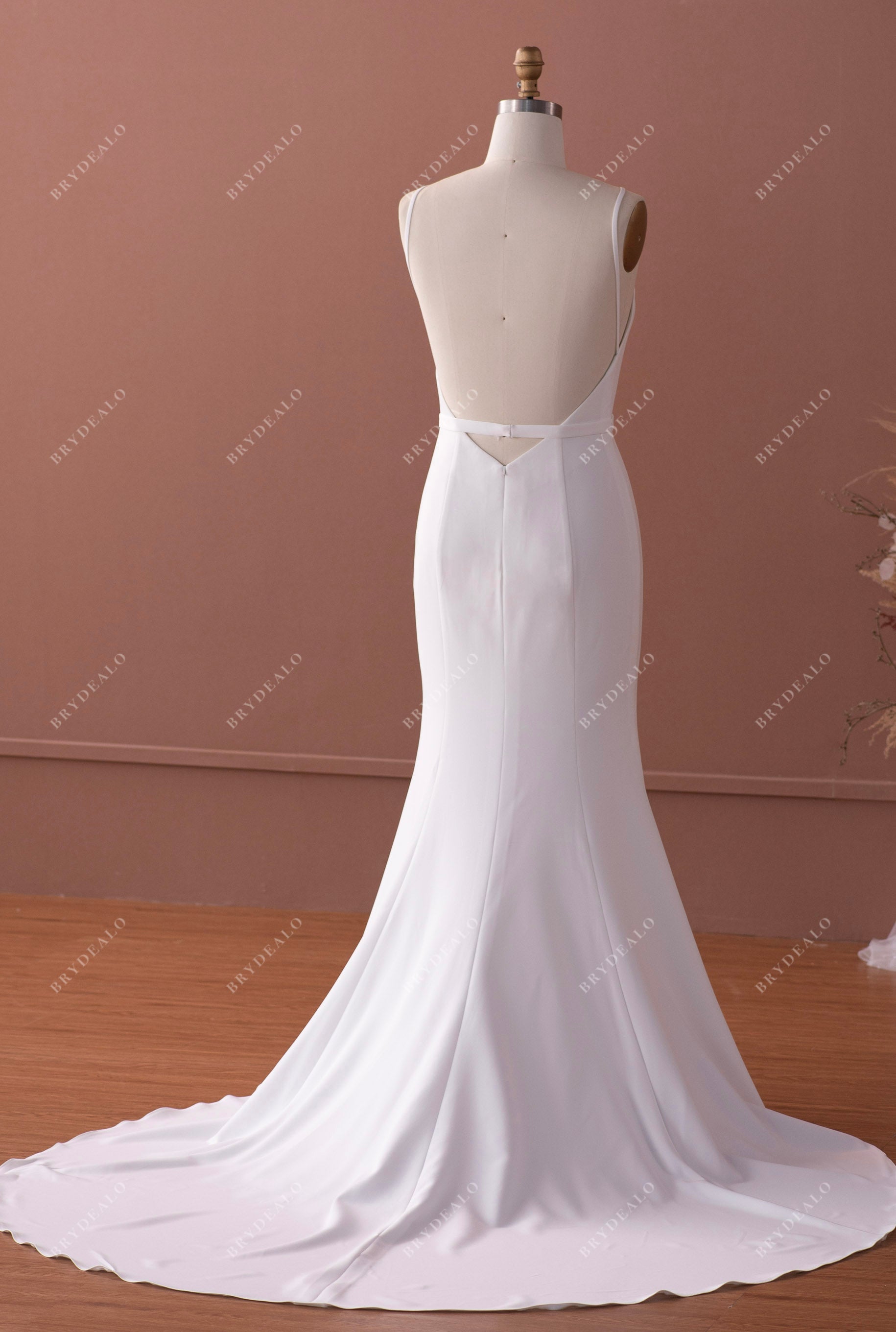 long open back mermaid crepe bridal gown