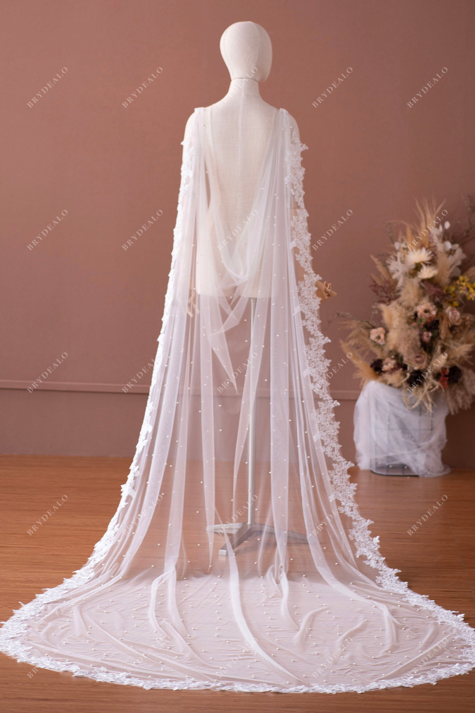 designer long pearl lace bridal cape for wholesale