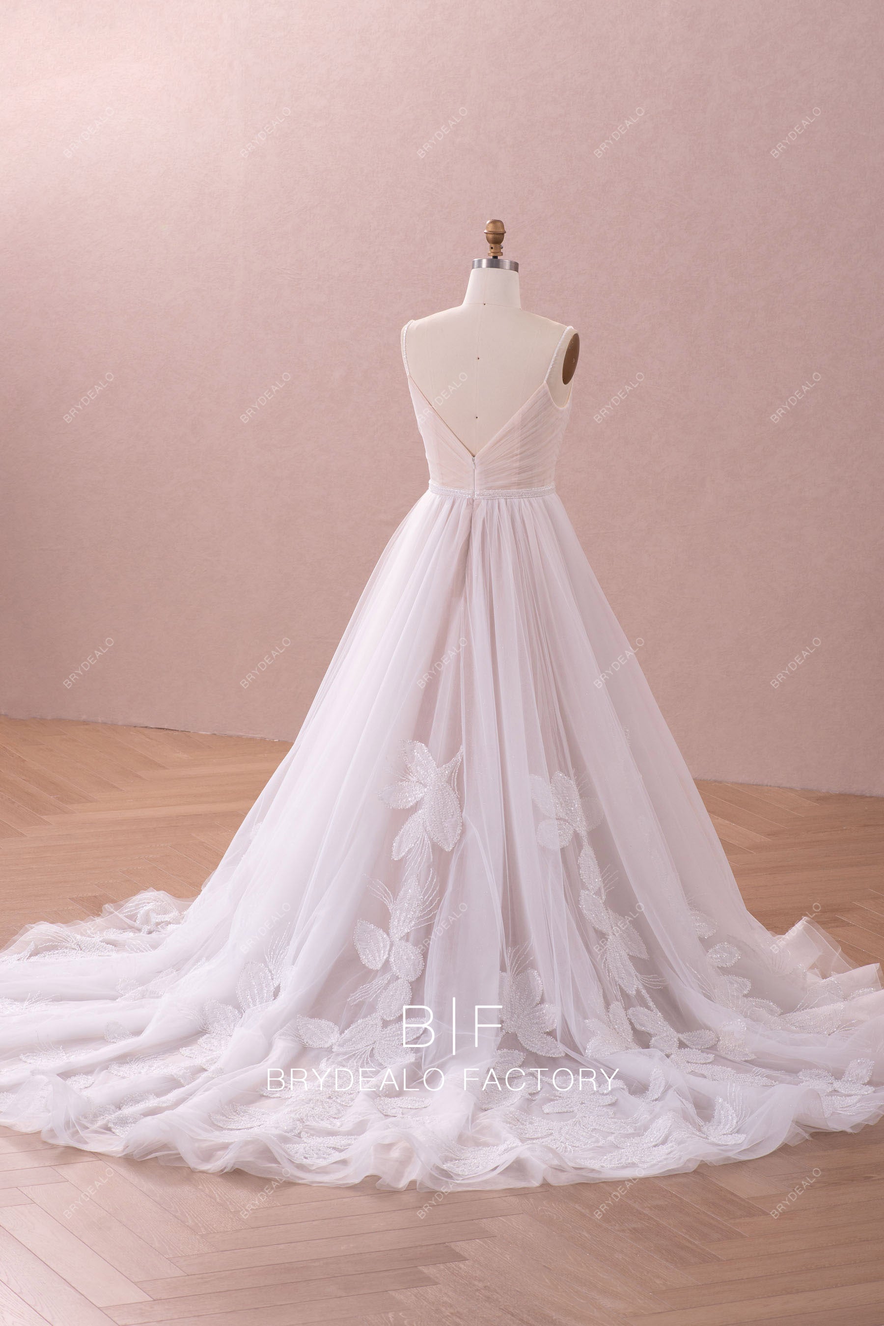 long ruffled beaded lace tulle wedding dress