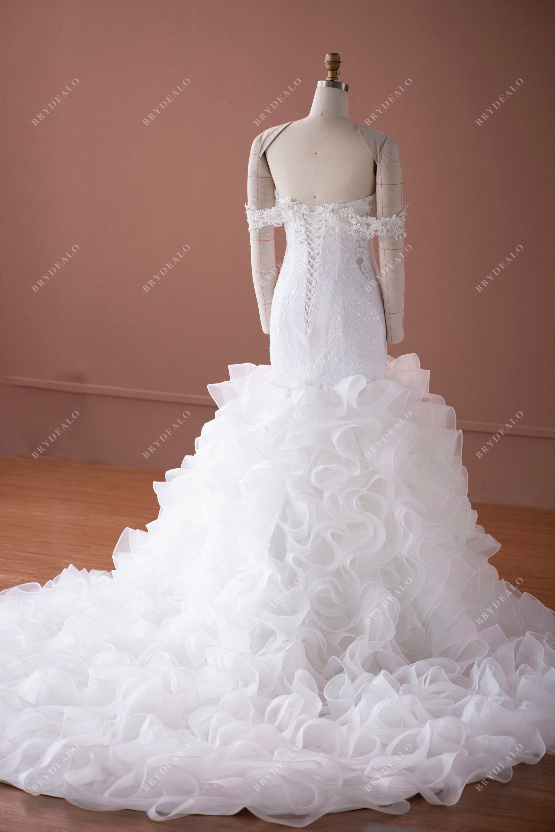 long ruffled organza train wedding dress