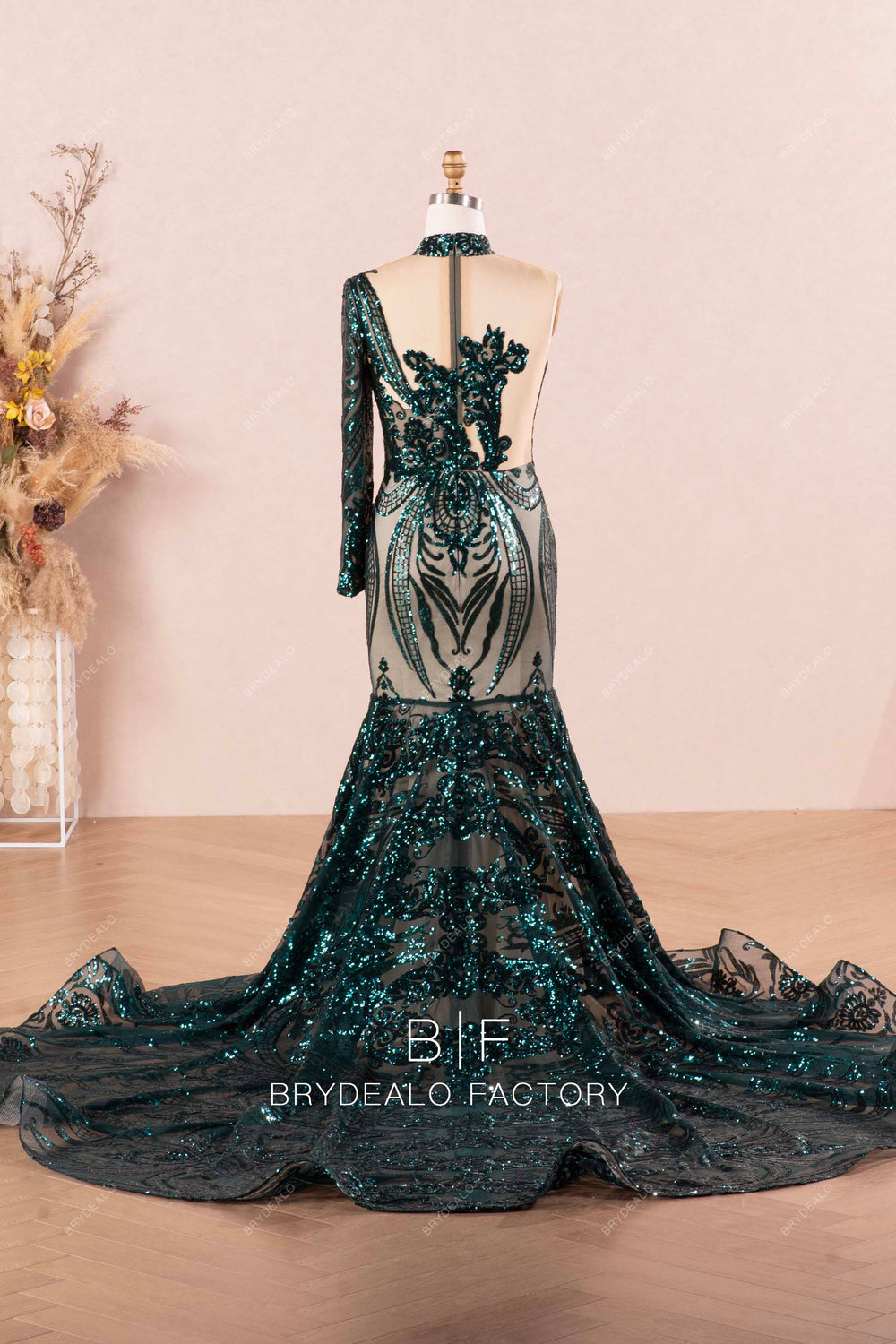 Dark Green One Sleeve Sparkly Sequin Mermaid Prom Dress