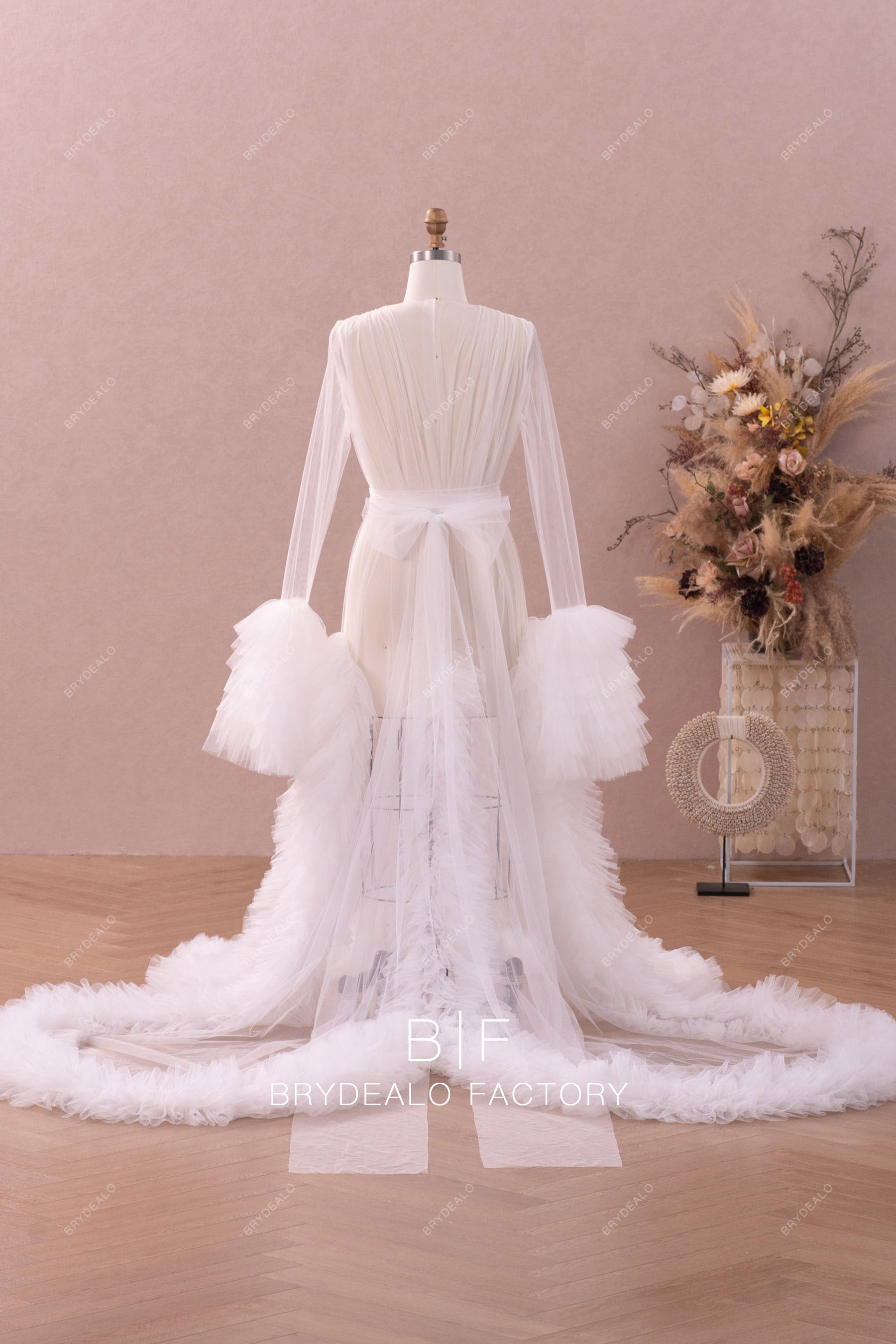 long ruffled train tulle bridal robe