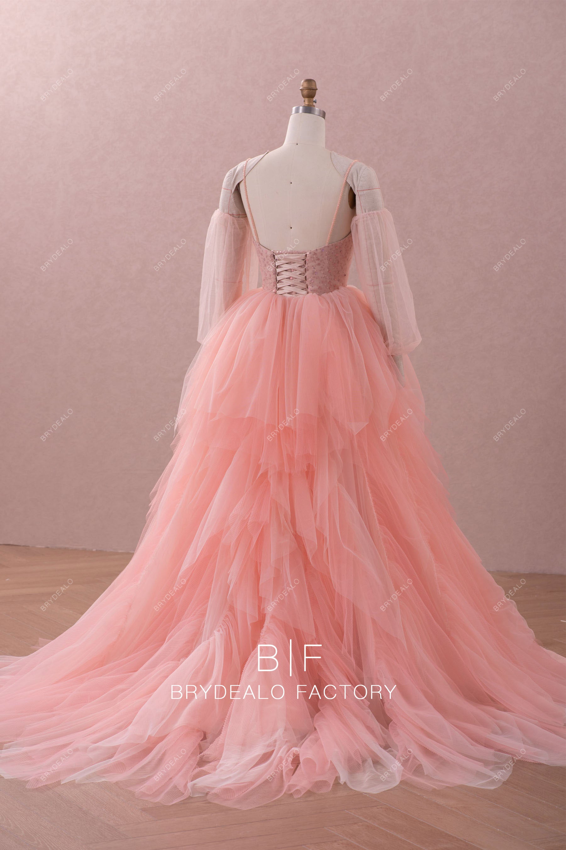 long ruffled tulle wedding dress