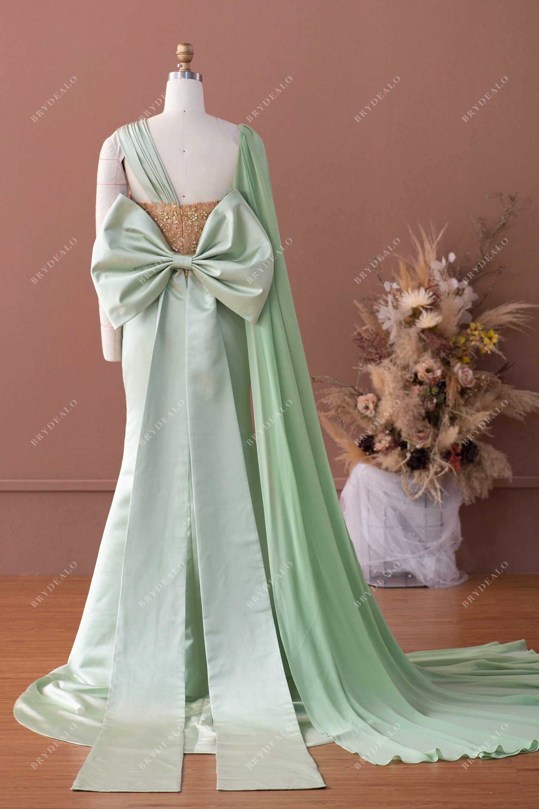 long sage satin mermaid formal dress with bowknot for wholesale