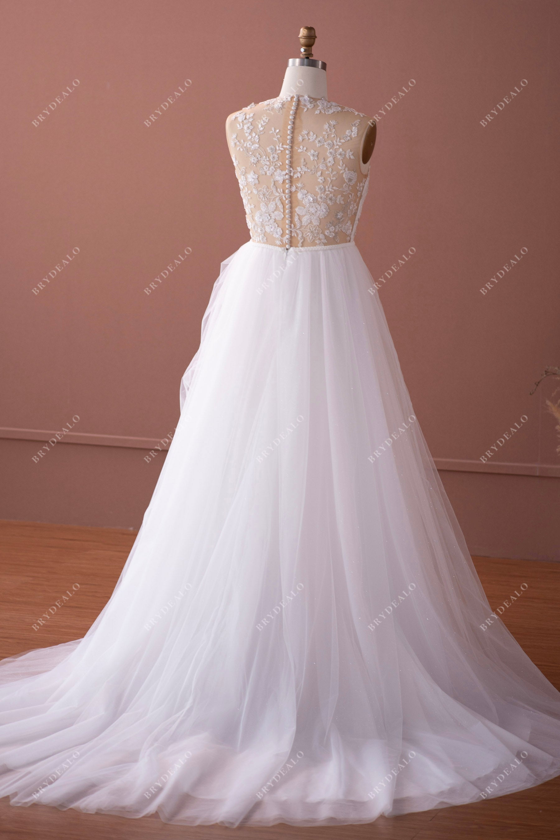 long shimmery tulle illusion back wedding dress