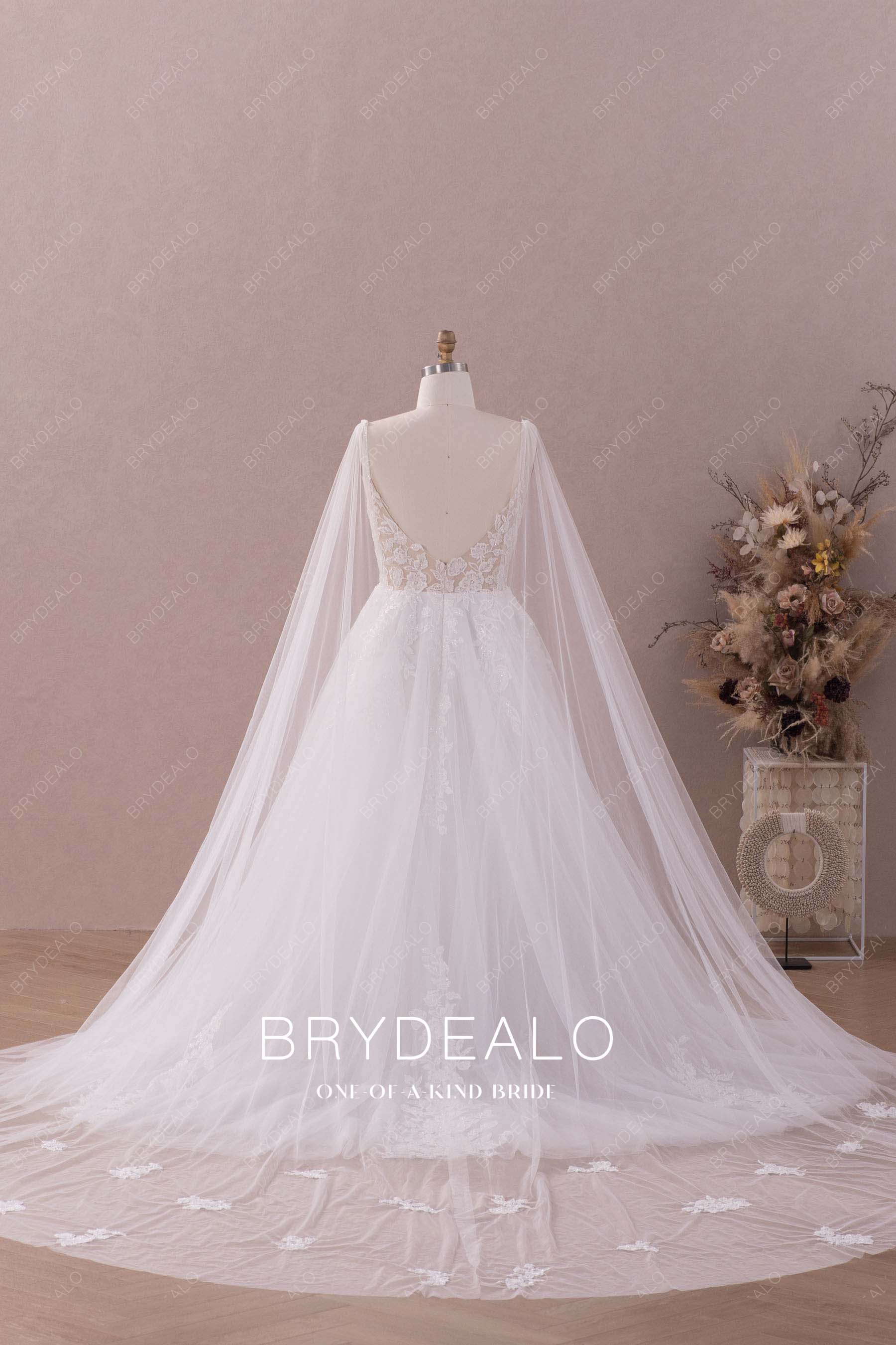 long shoulder tulle veil lace wedding dress