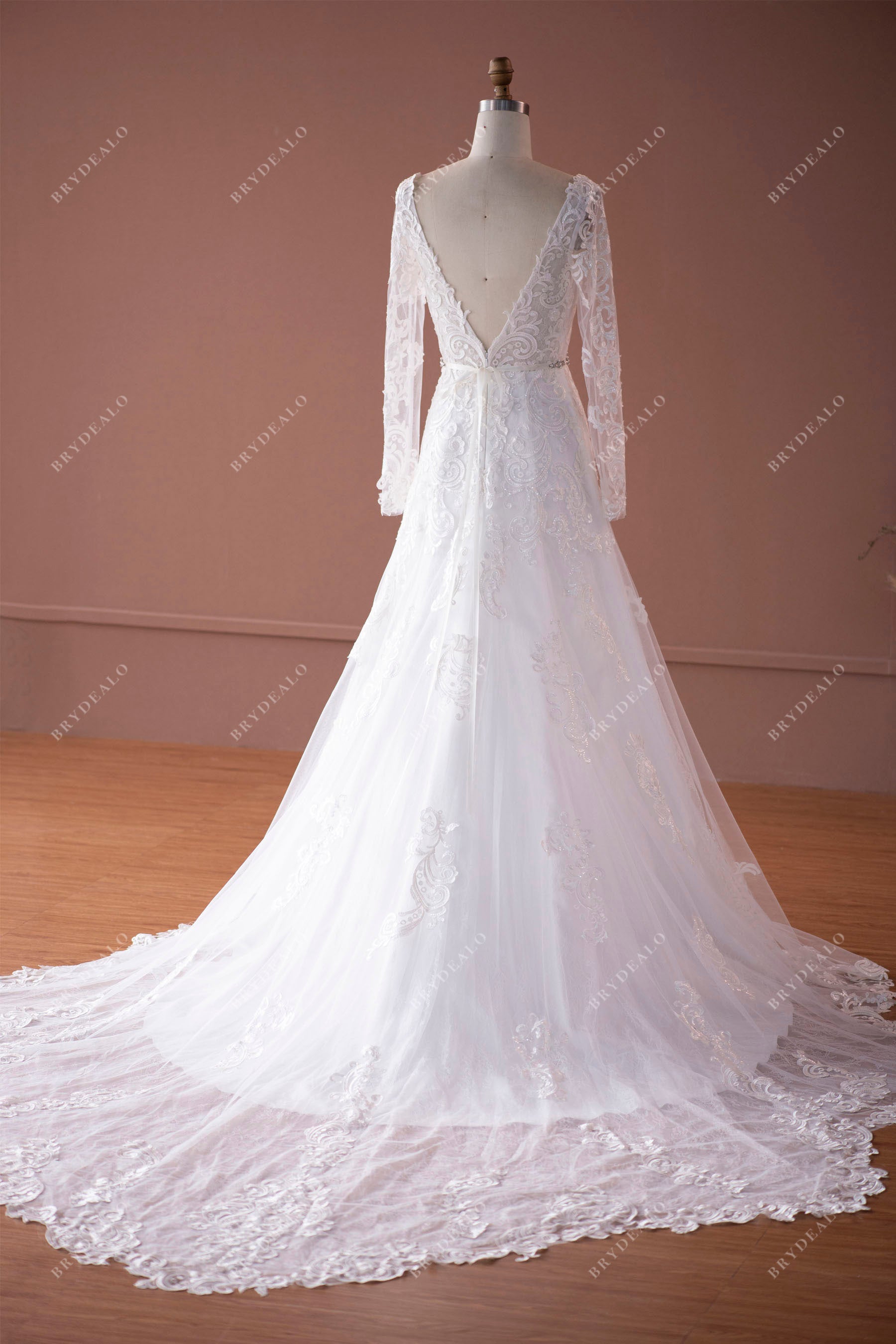 long sleeve v-back lace fit and flare chapel wedding dress