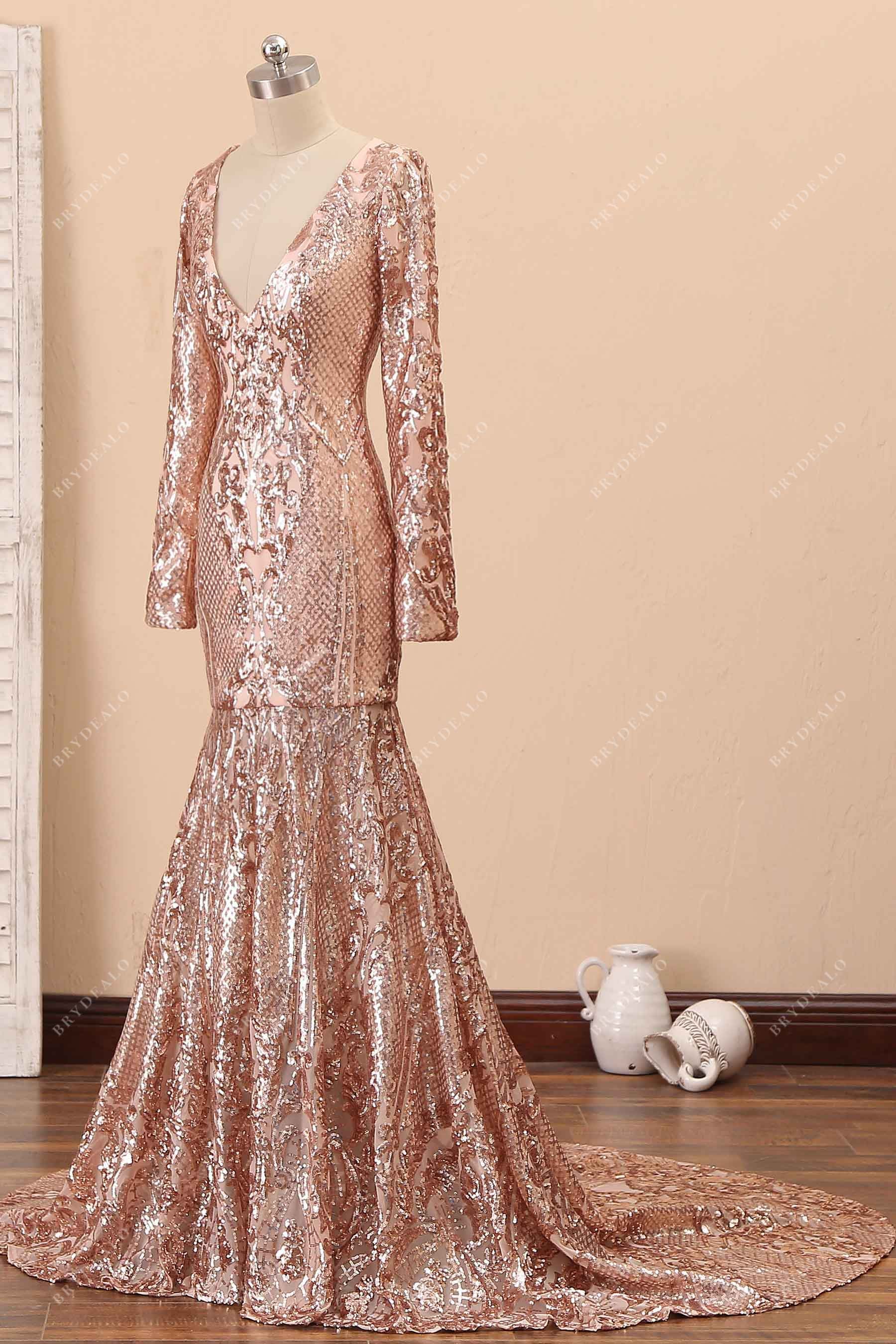 long sleeve V-neck mermaid sequin prom gown