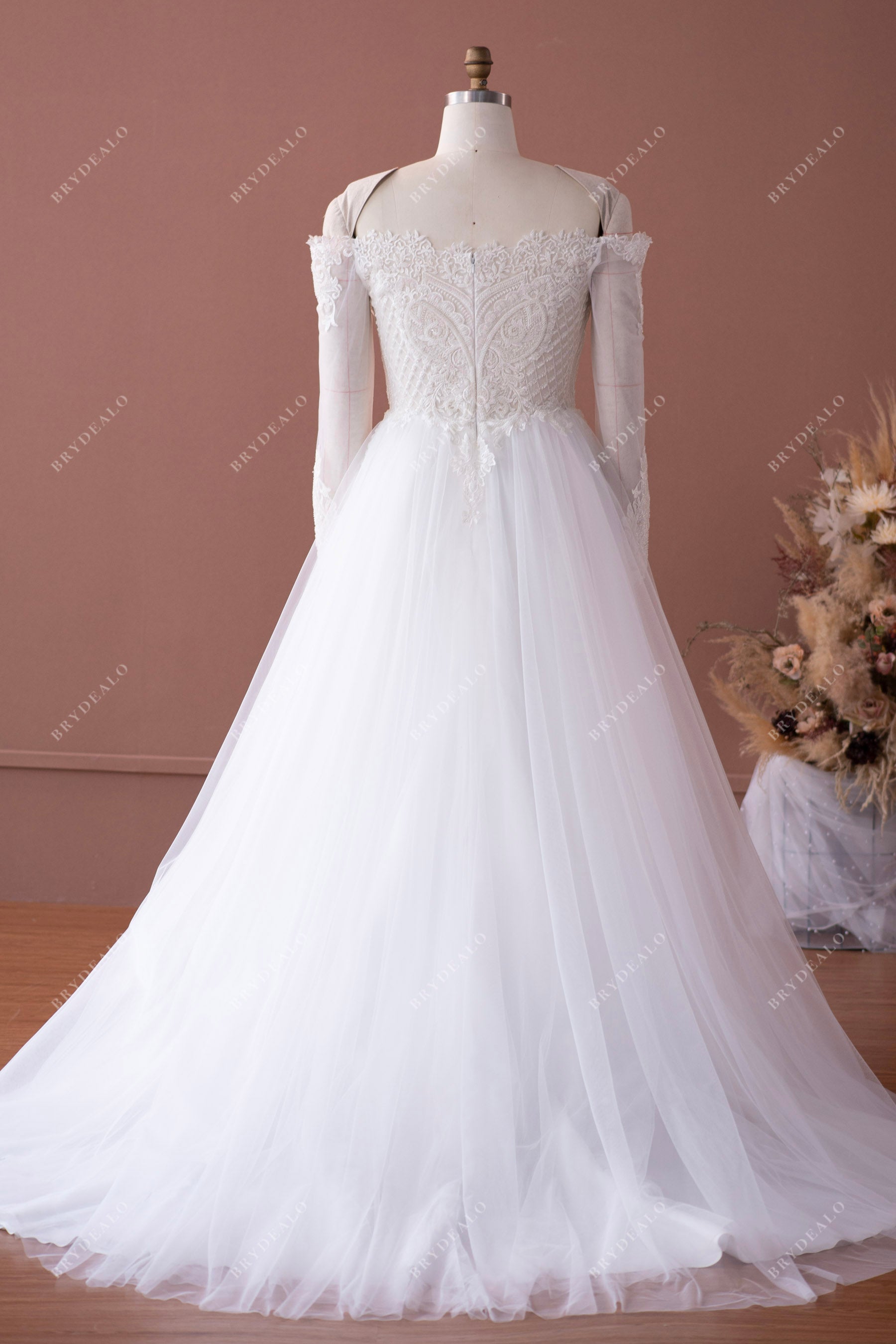long sleeve beaded lace tulle A-line wedding gown
