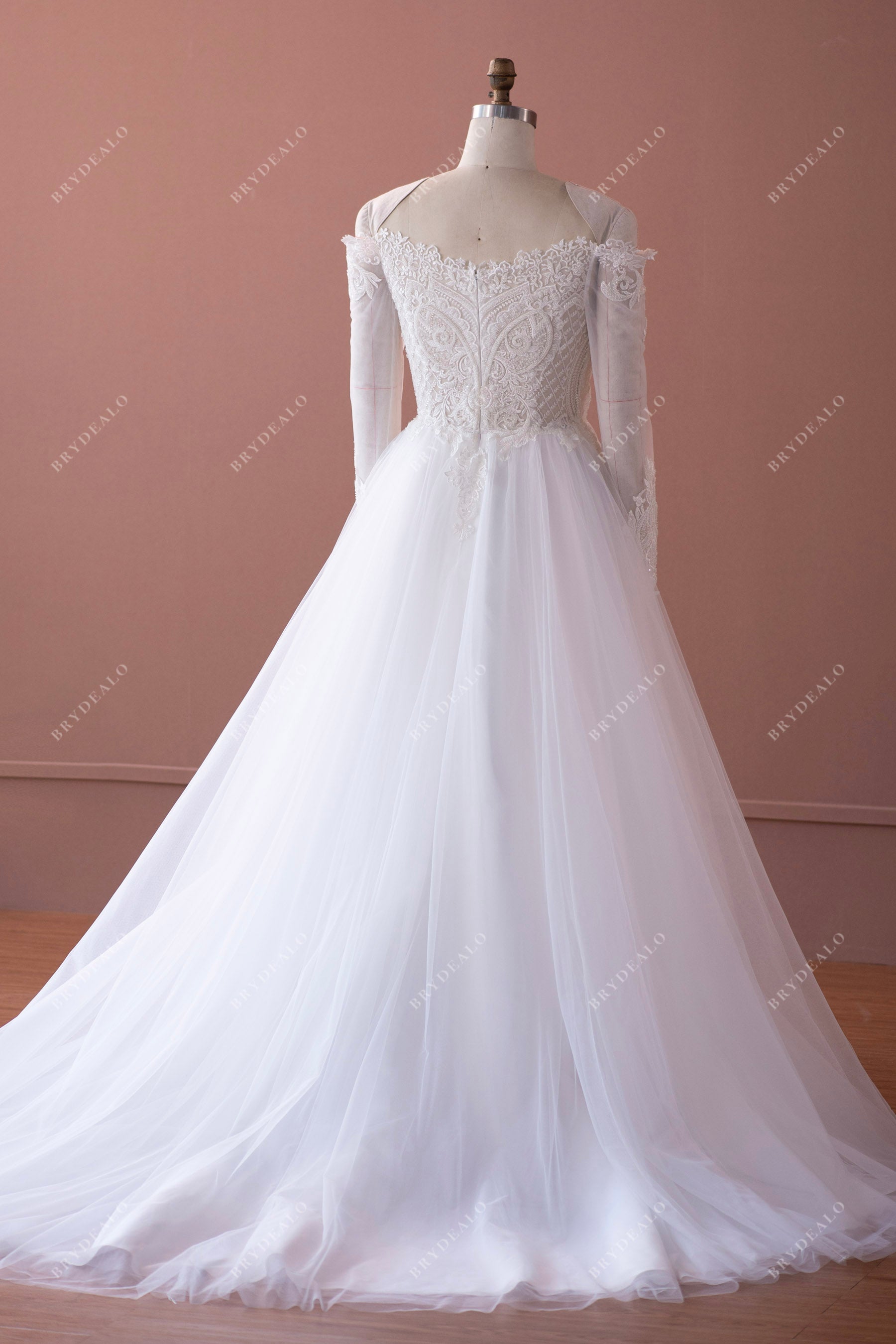 long sleeve beaded lace tulle wedding dress