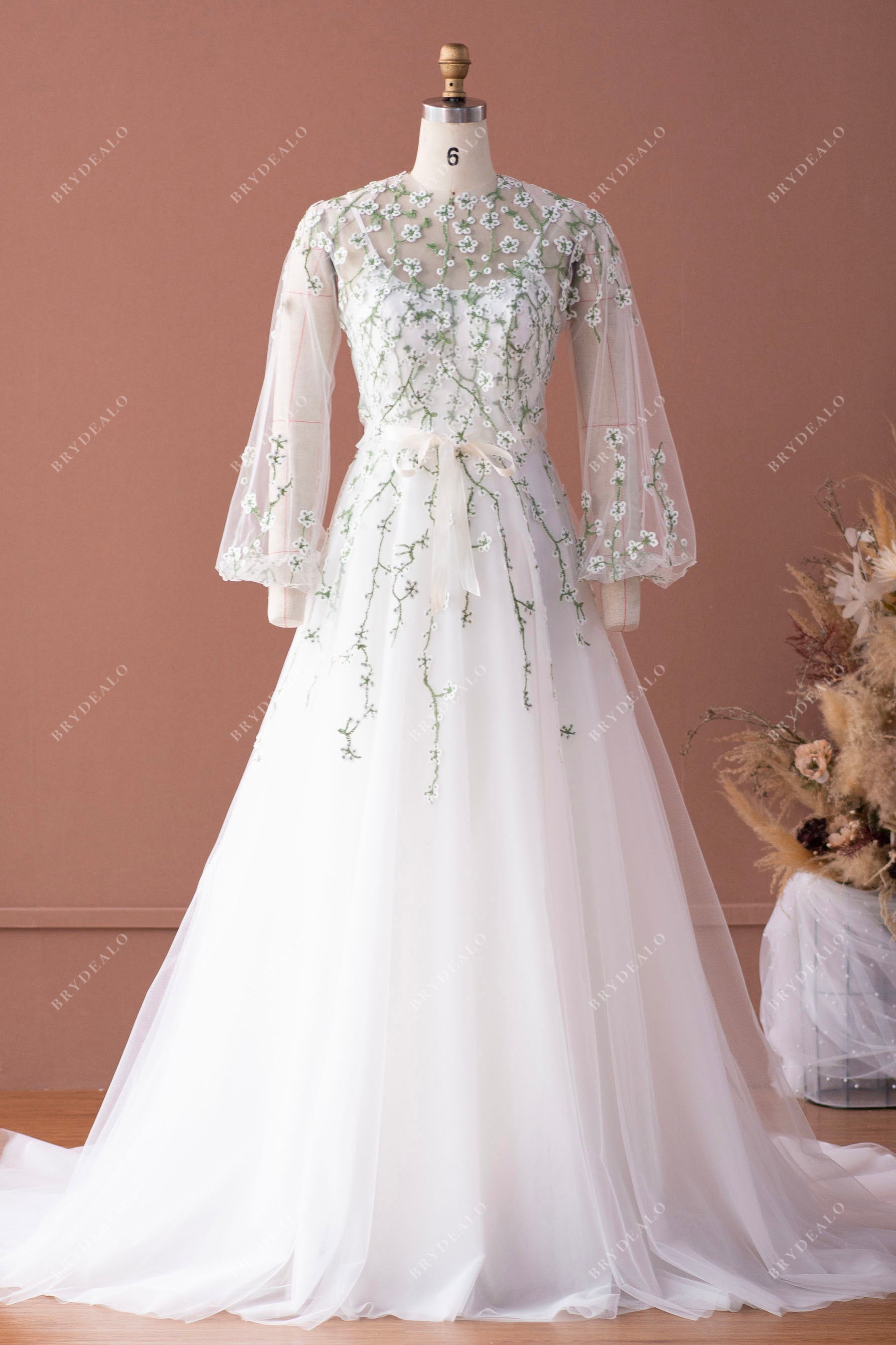 long sleeve blouse A-line bridal gown