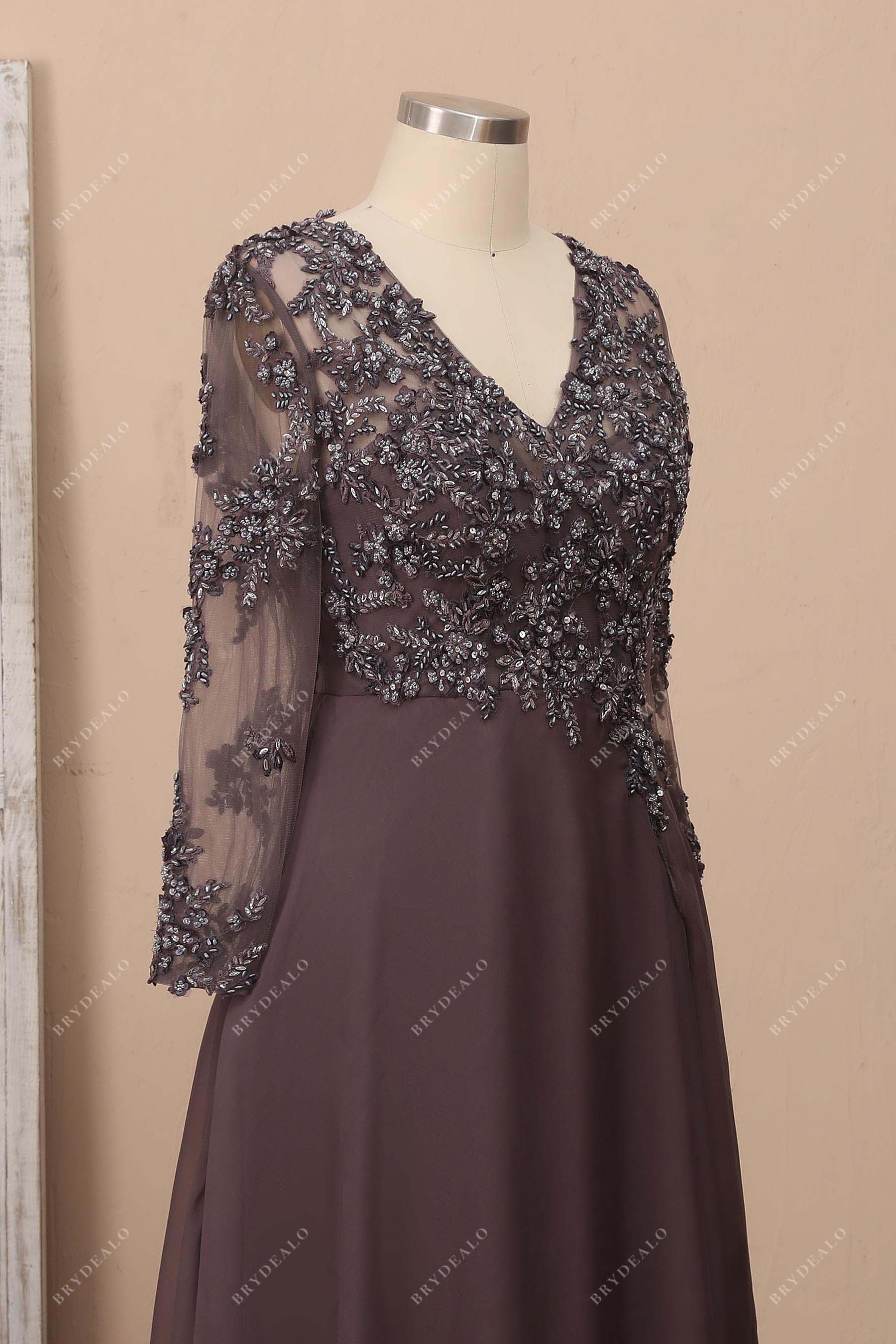 long sleeve brown chiffon beaded prom gown