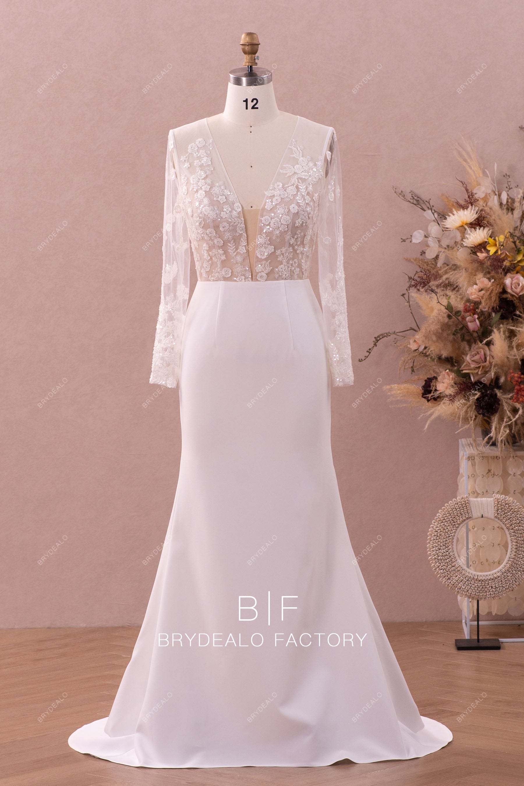 long sleeve lace crepe wedding dress