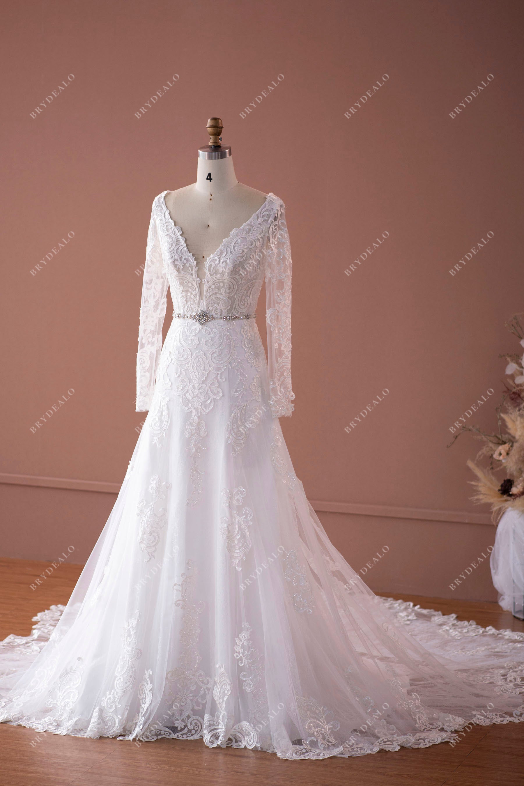 long sleeve plunging lace fit and flare long wedding dress