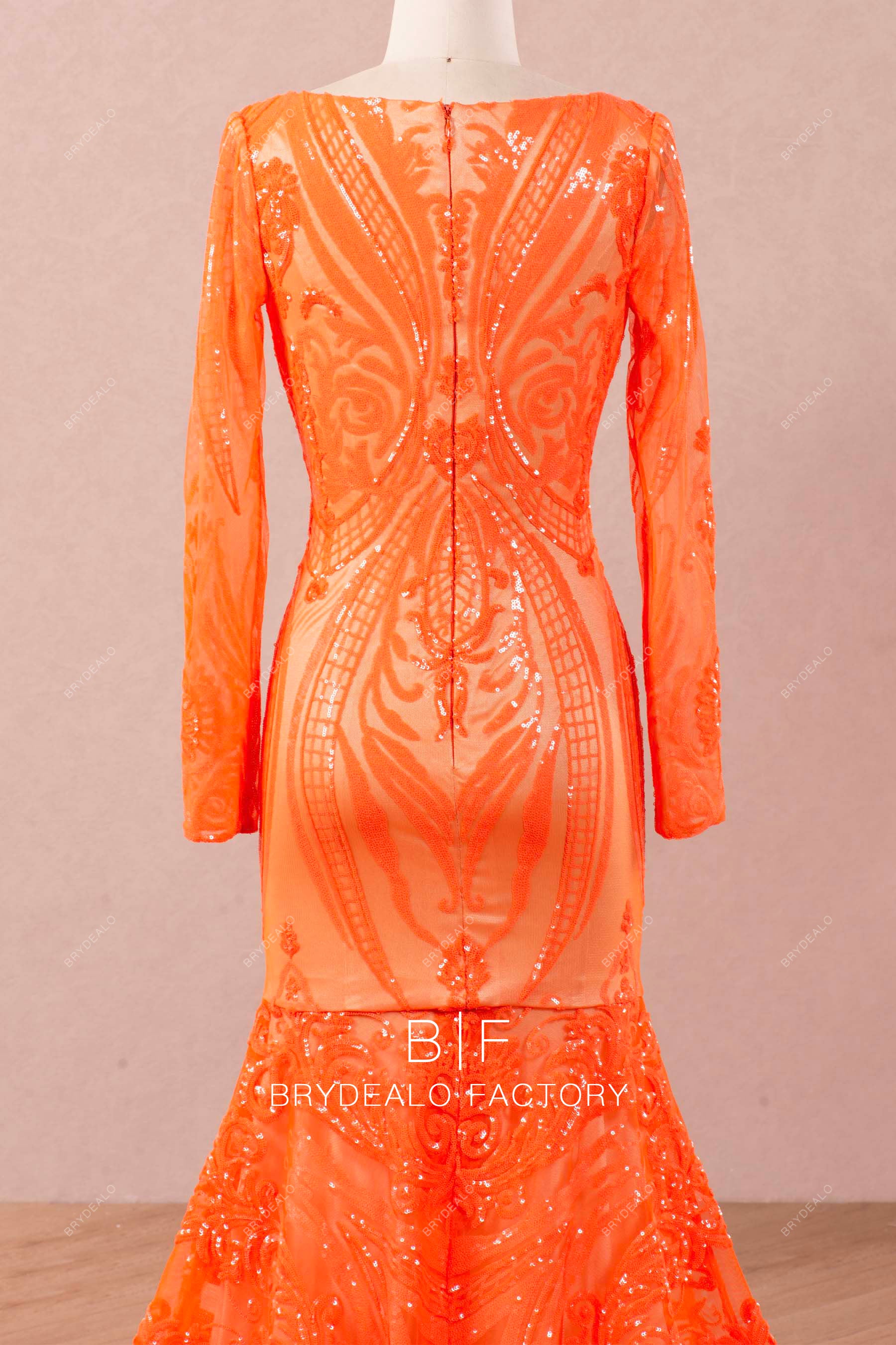 Orange Long Sleeve V-neck Patterned Sequin Prom Dress