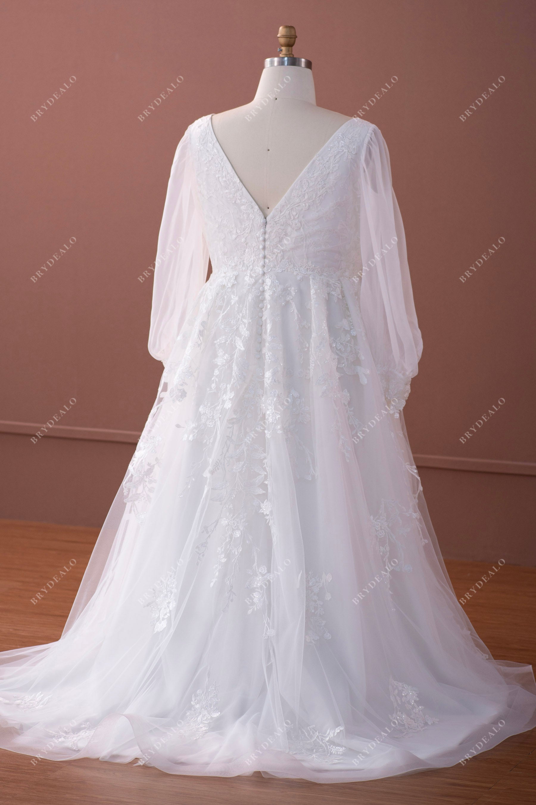 long sleeve V-back lace plus size bridal gown