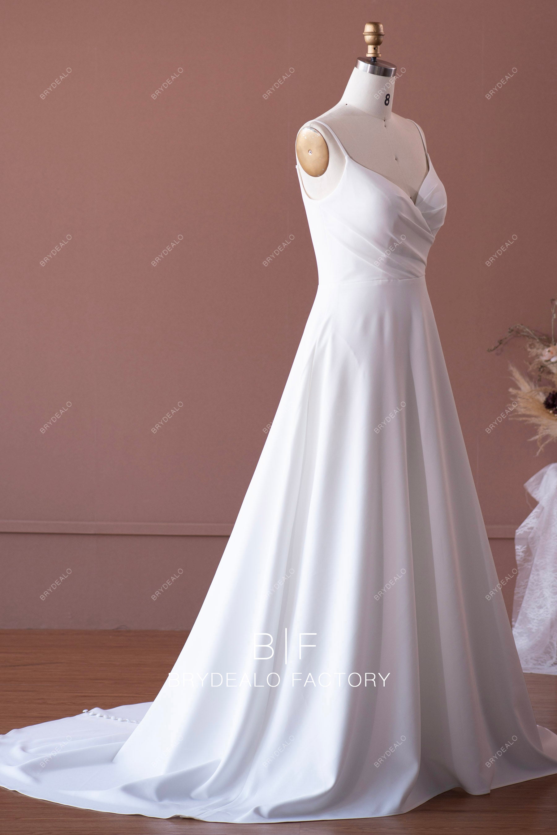 long straps A-line crepe wedding gown