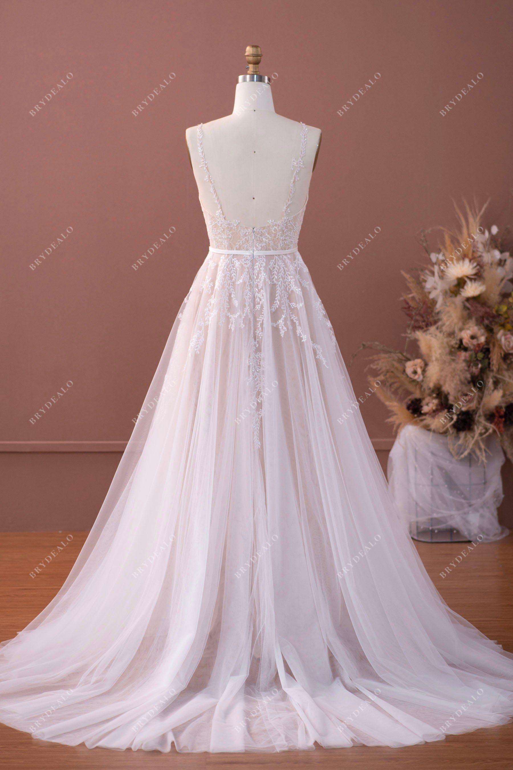 tiny straps lace tulle low back A-line long bohemian wedding dress for wholesale