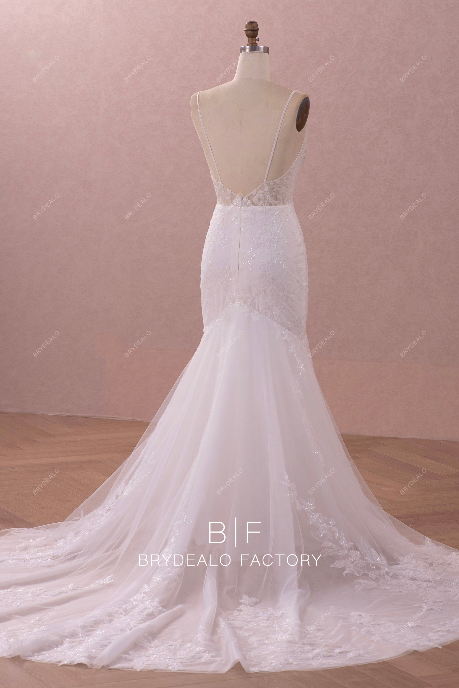 long straps shimmery lace mermaid wedding dress