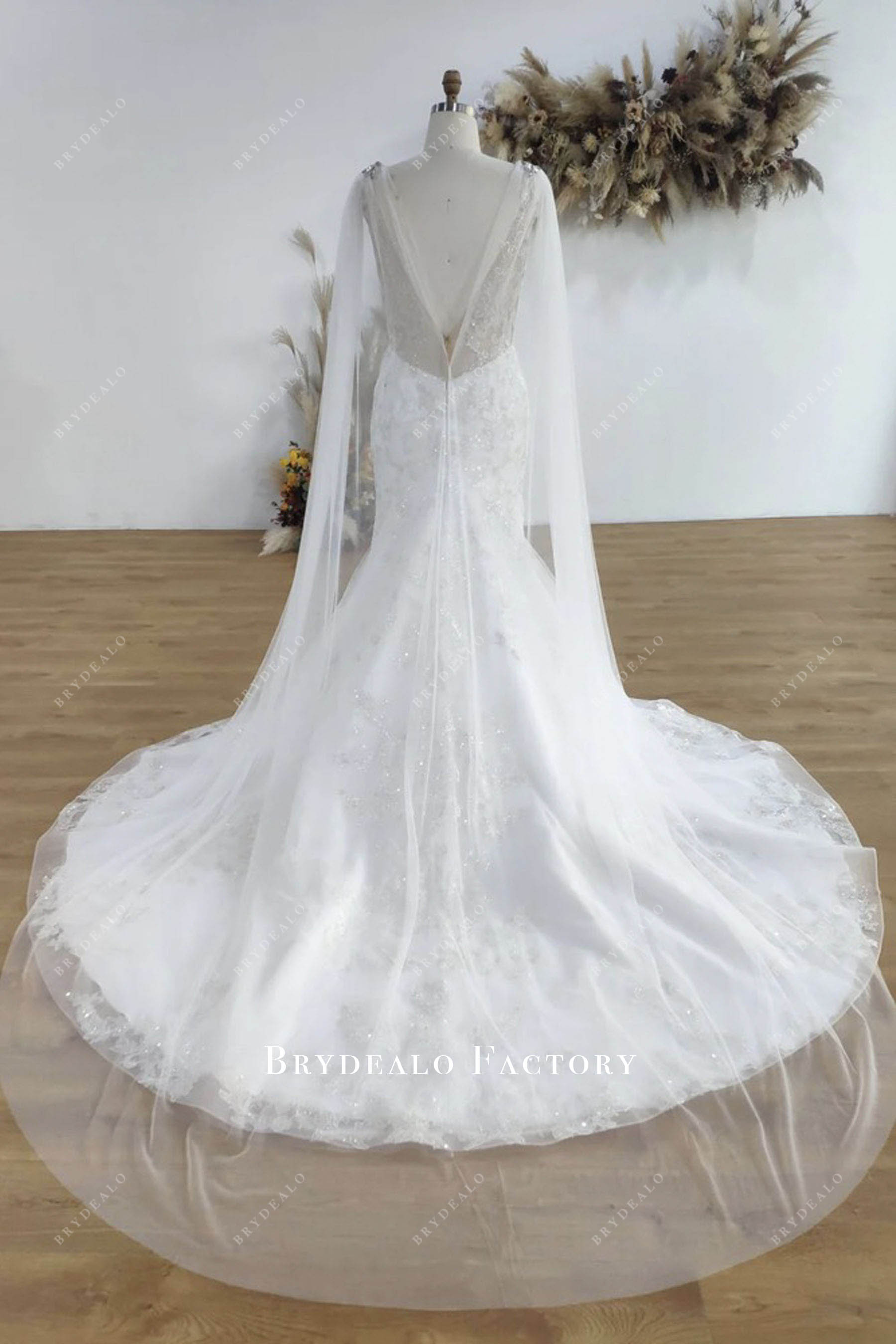 long tulle shoulder panels chapel bridal gown