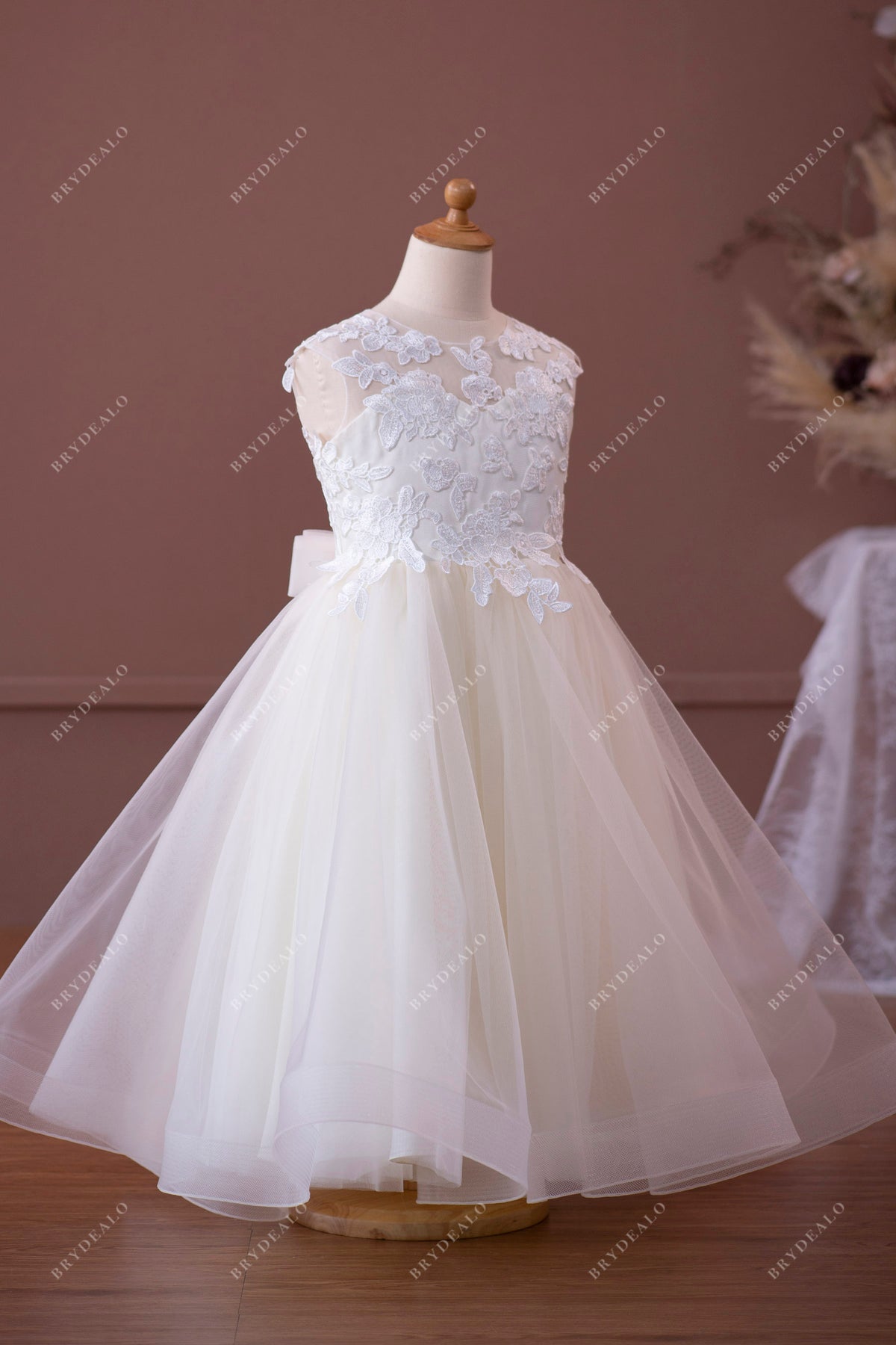 Cross Back Ivory Lace Ruffle Tulle Skirt Flower Girl Dress, big bow main image 1