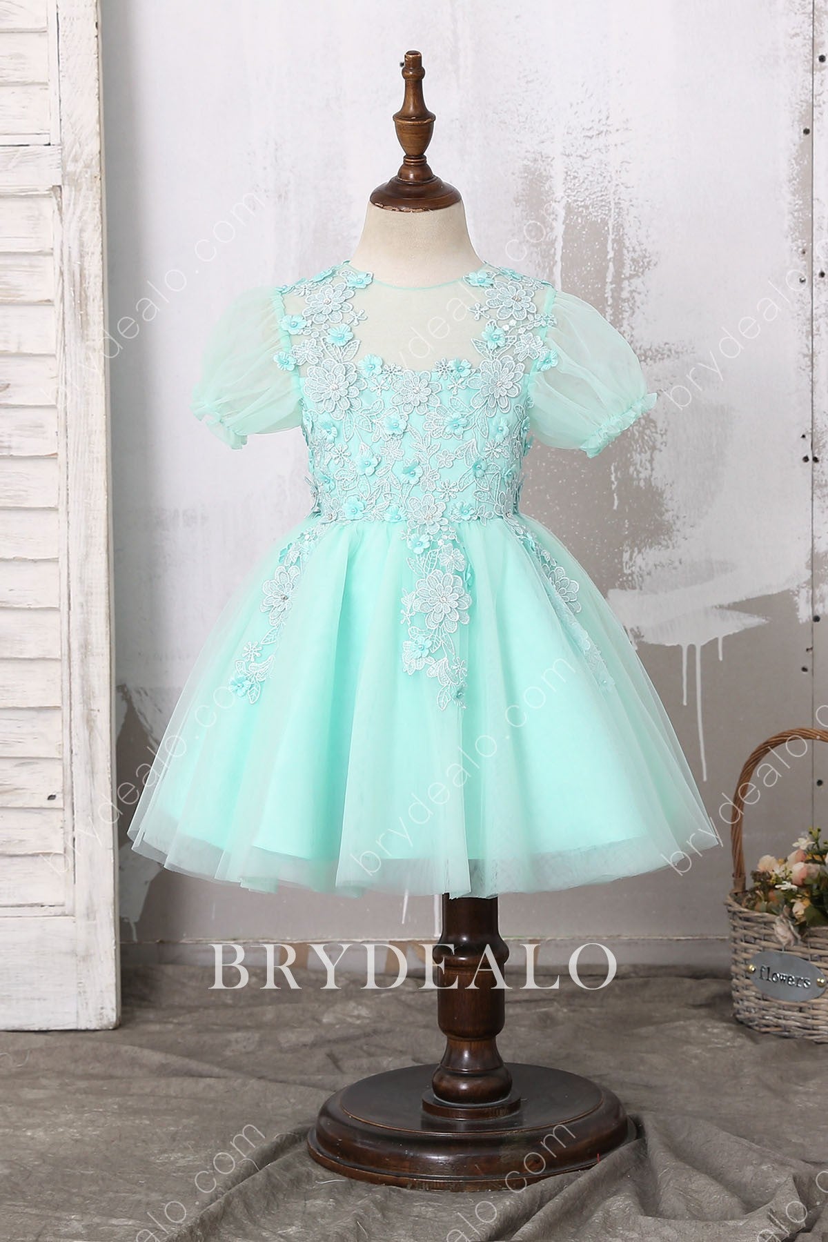 Lovely Lace Mint Bubble Sleeve Flower Girl Dress