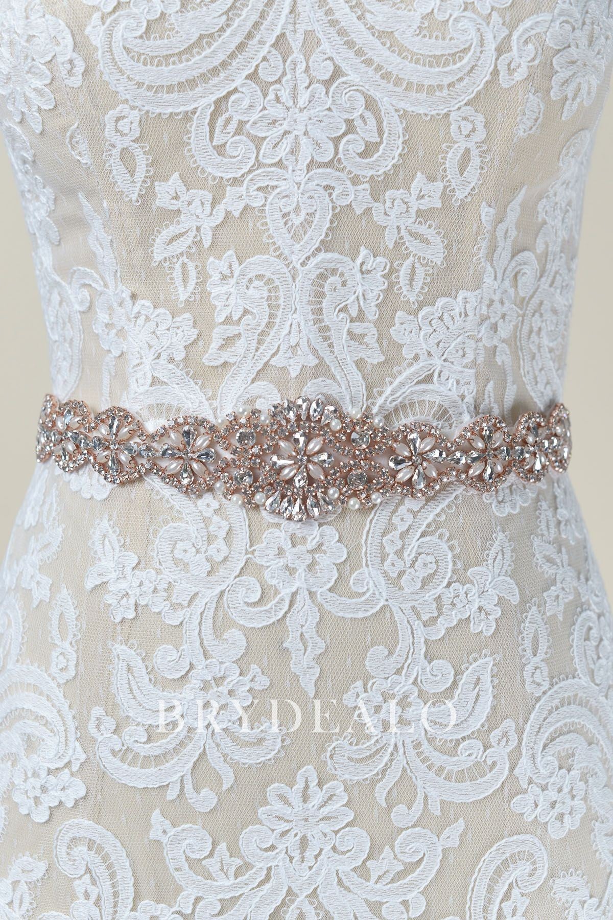 Luxurious Crystals Pearls Rose Gold Bridal Sash