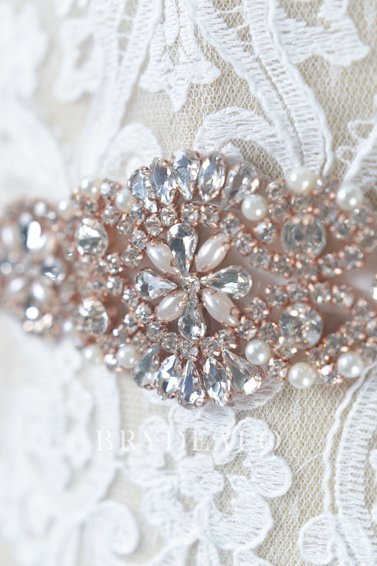 Crystals Pearls Rose Gold Bridal Sash