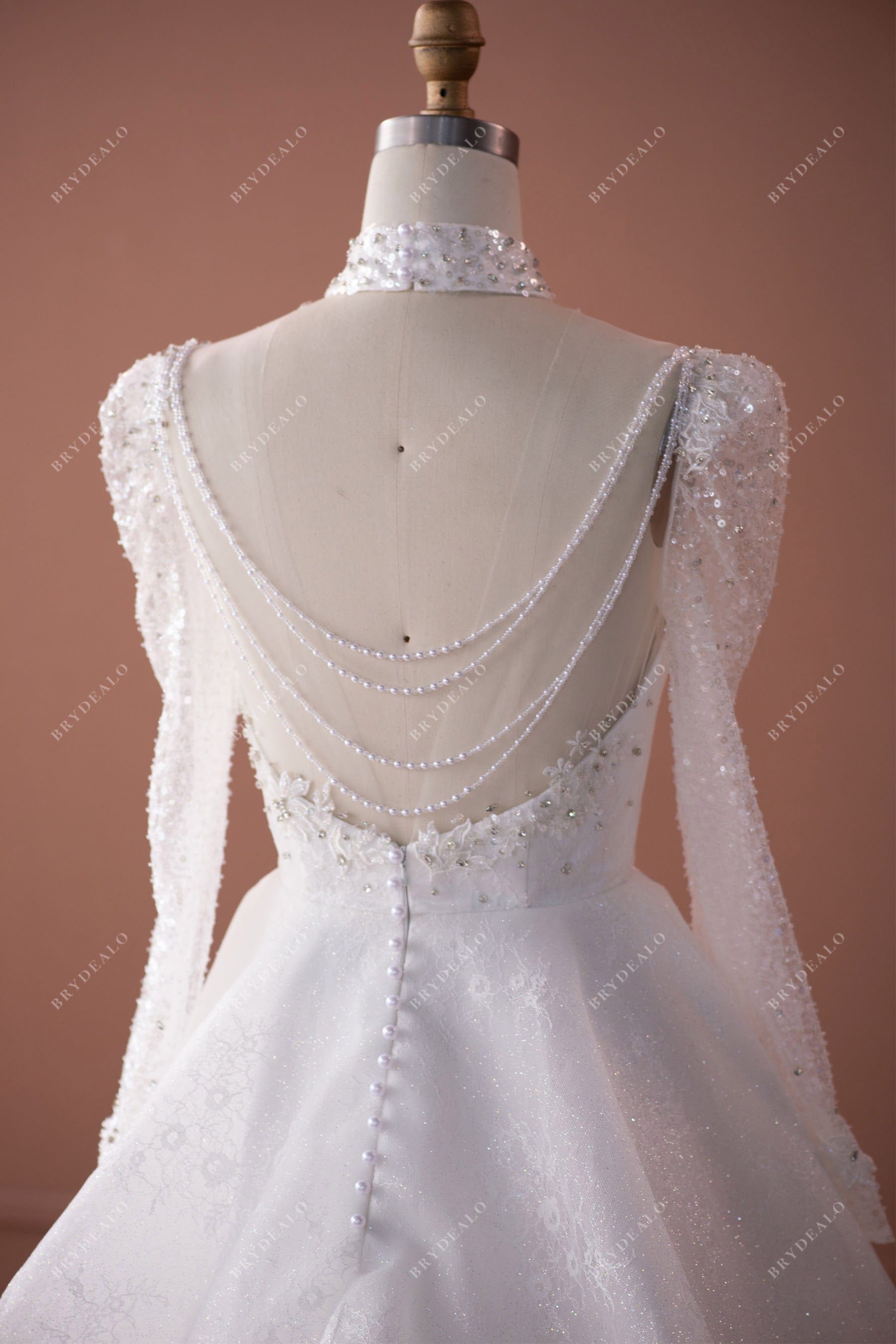 Luxury Beaded Chain Back Illusion Sleeved Ballgown Wedding Dress with Detachable Overskirt