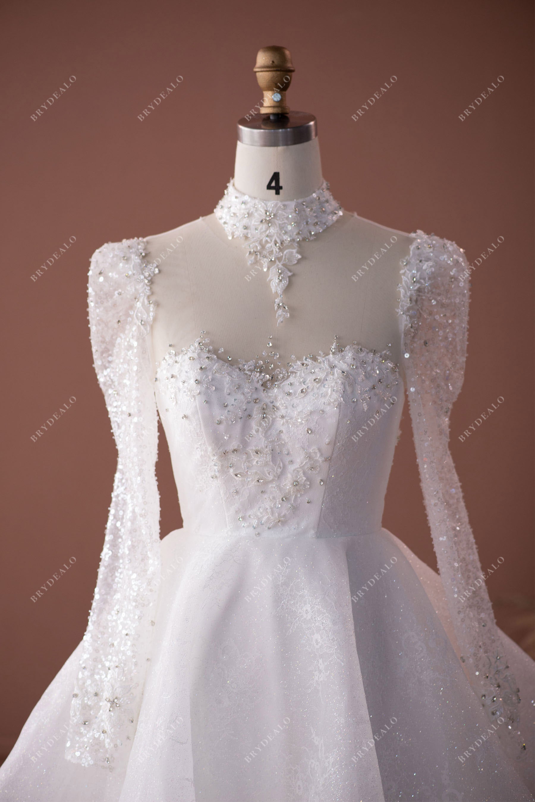 Luxury Sparkly Choker Sleeved Ballgown Wedding Dress