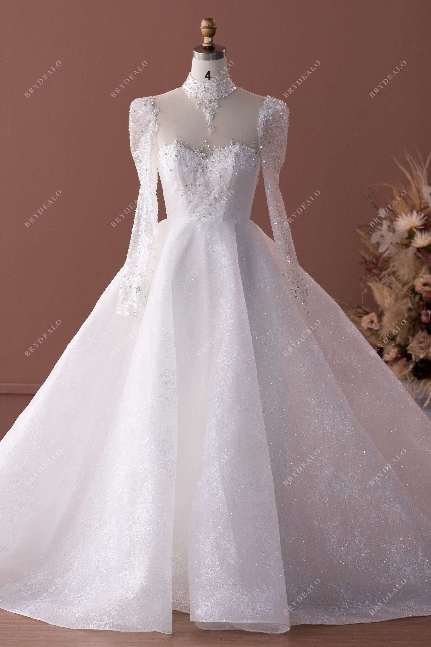 Luxury Sparkly Illusion Sleeved Ballgown Wedding Dress