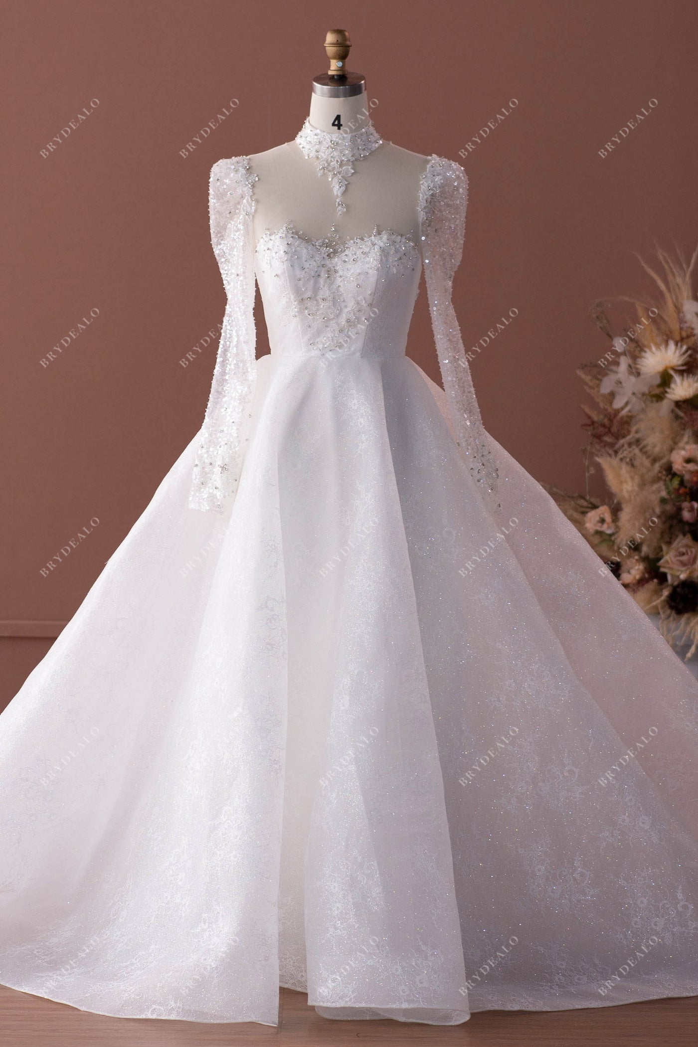 Sparkly Illusion Flared Sleeves Floral Long Formal
