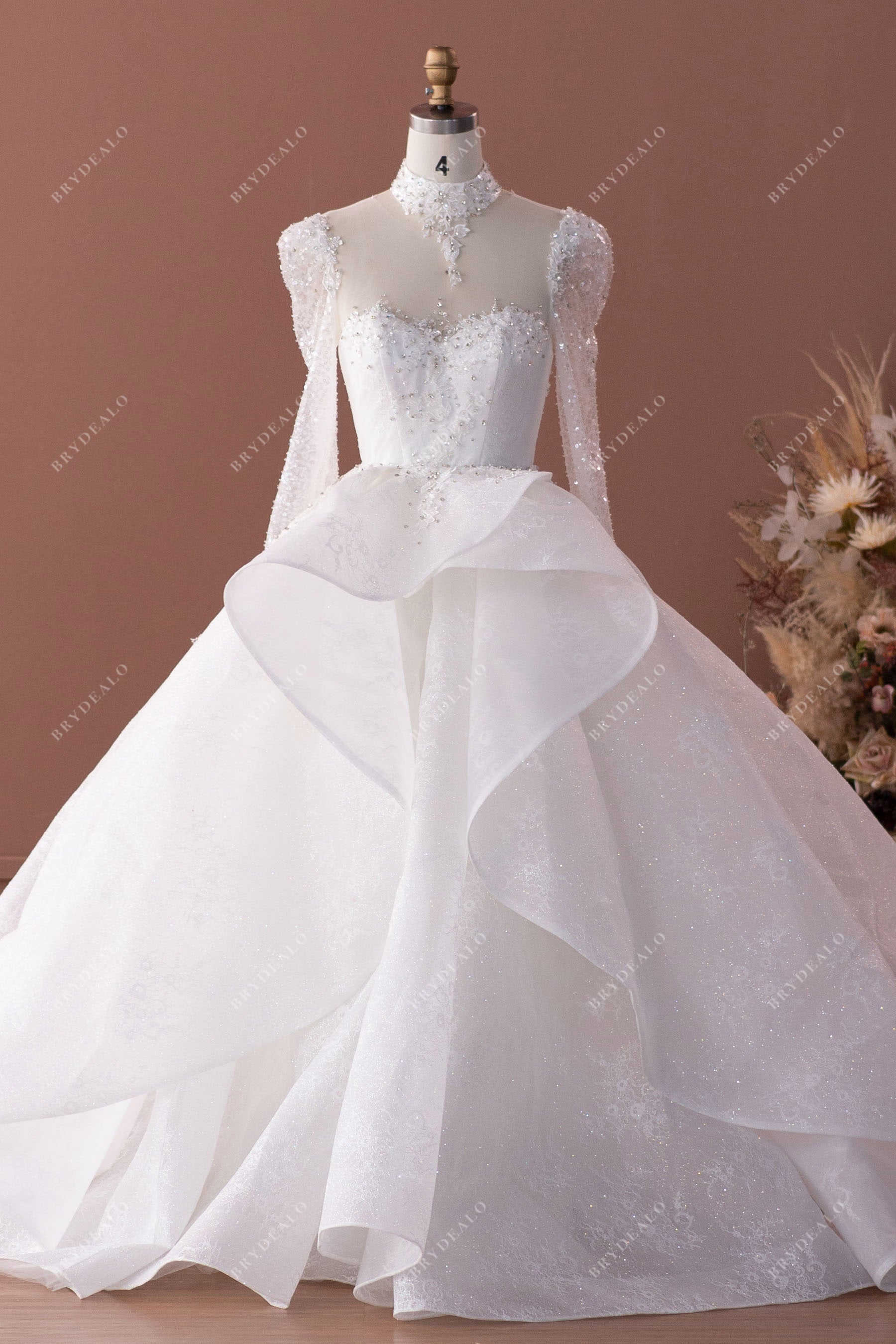 Luxury Sparkly Illusion Sleeved Ballgown Wedding Dress with Detachable Overskirt