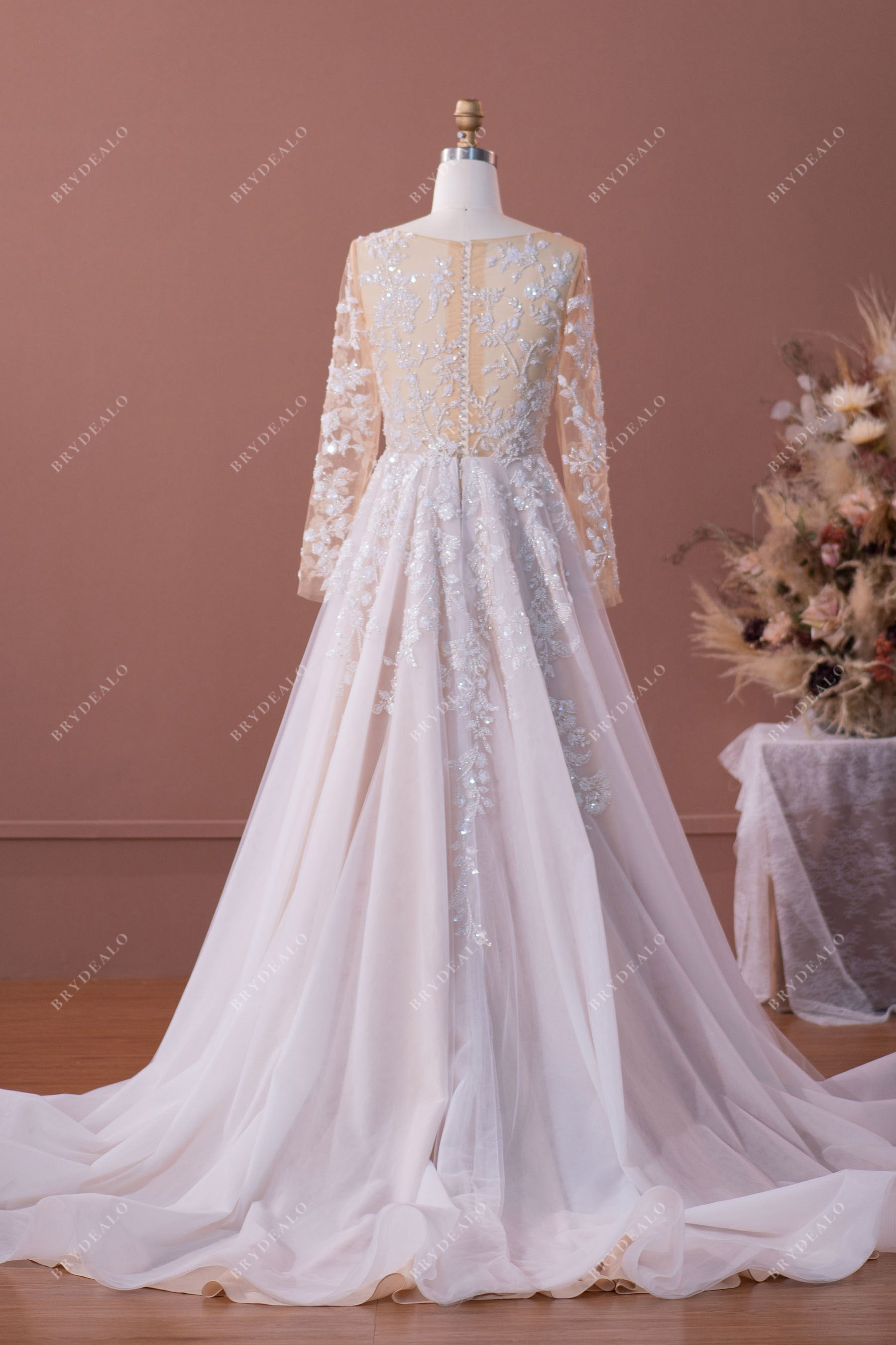luxury beaded lace illusion back A-line long sample wedding gown