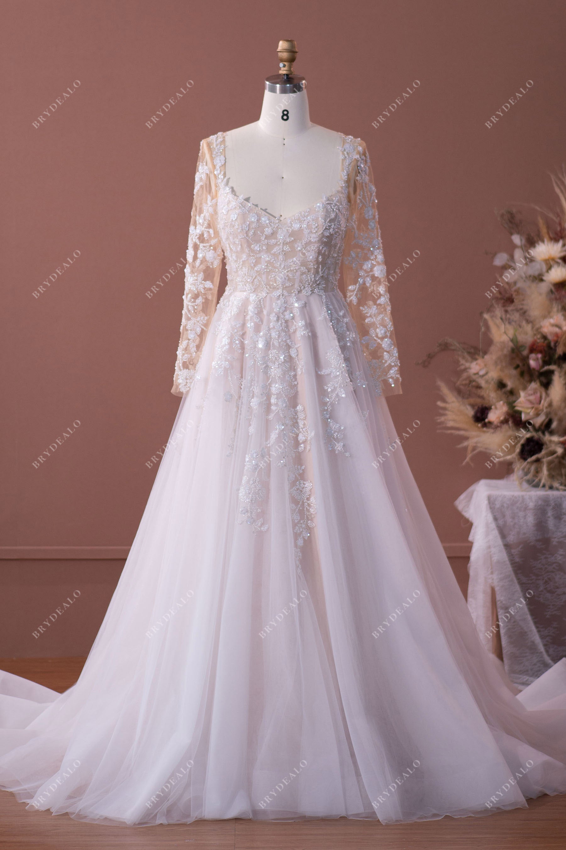 luxury beaded lace long sleeved A-line wedding dress sample sale