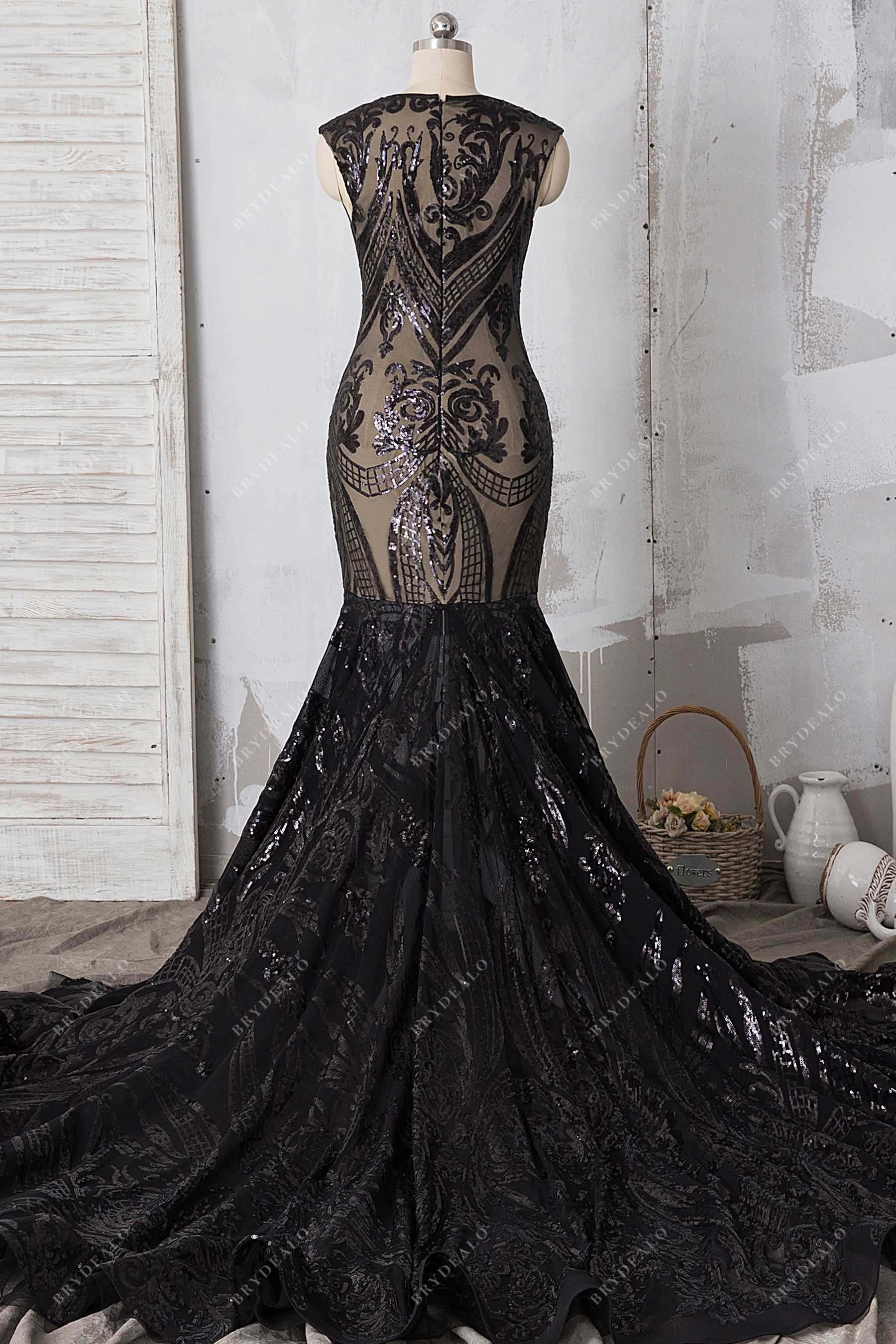 mermaid black sequin chapel train prom gown