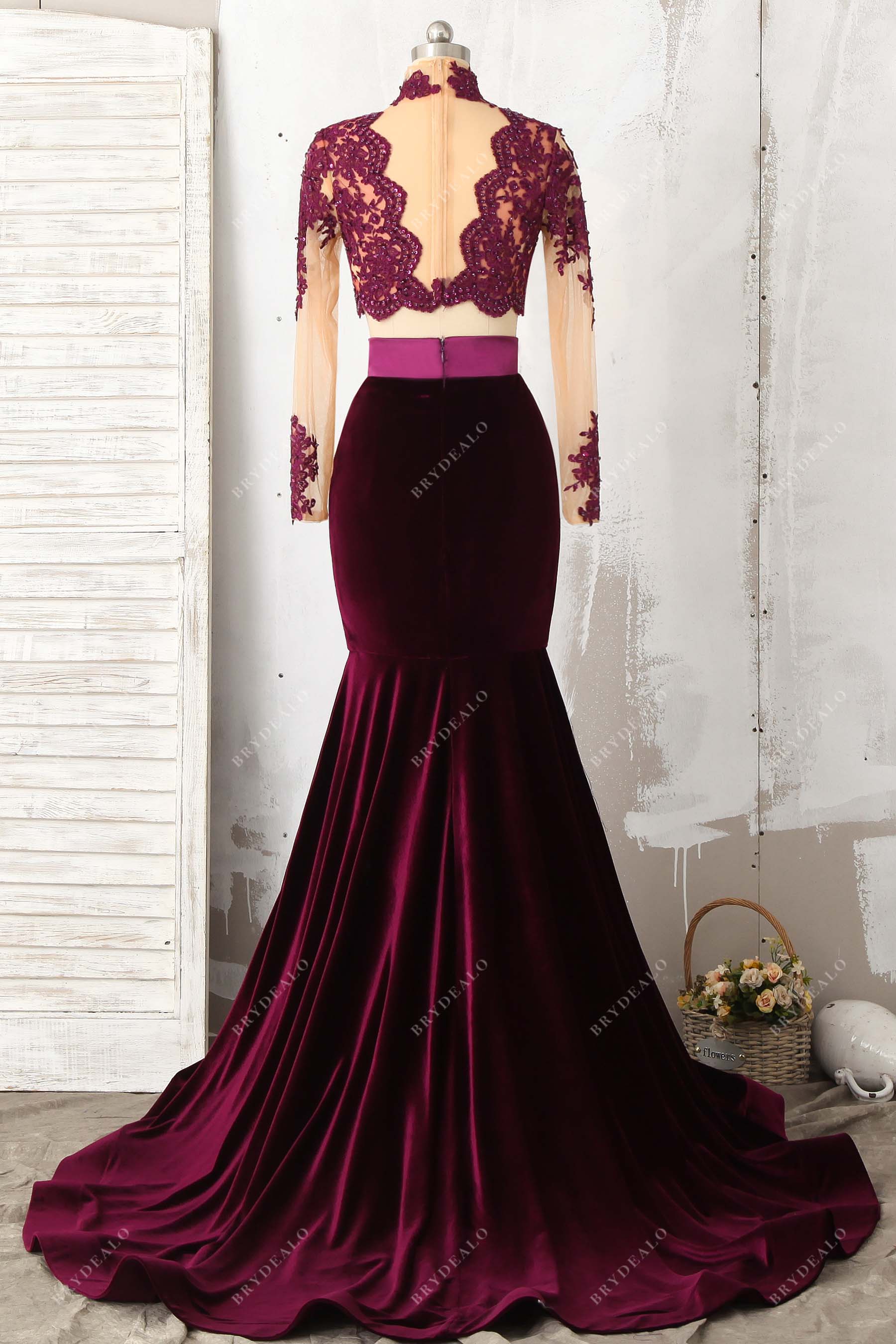 mermaid illusion back velvet prom gown