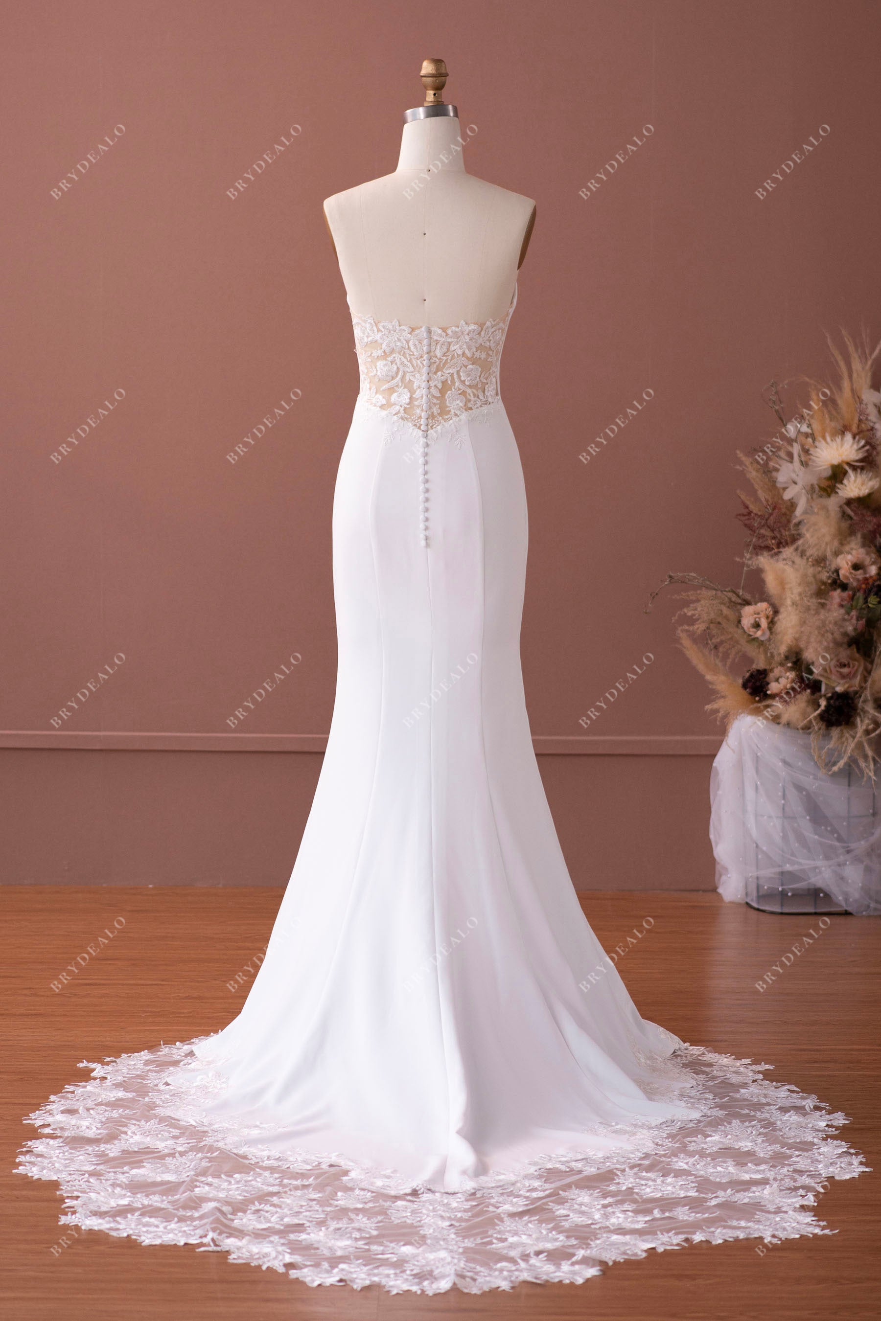mermaid strapless crepe lace bridal gown