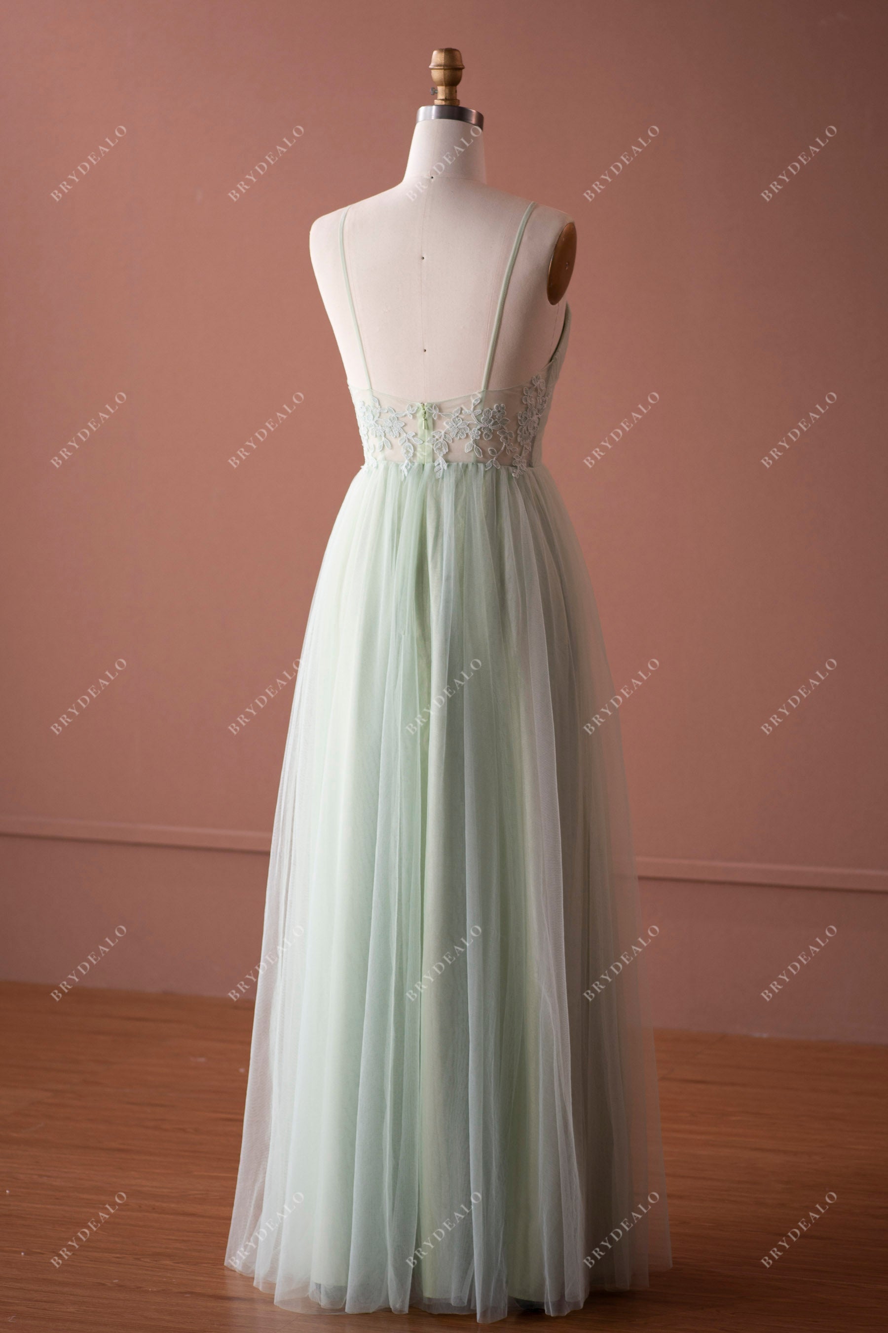 Mint Green Lace Low Back Tulle Straps A-line Sample SaleBridesmaid Dress