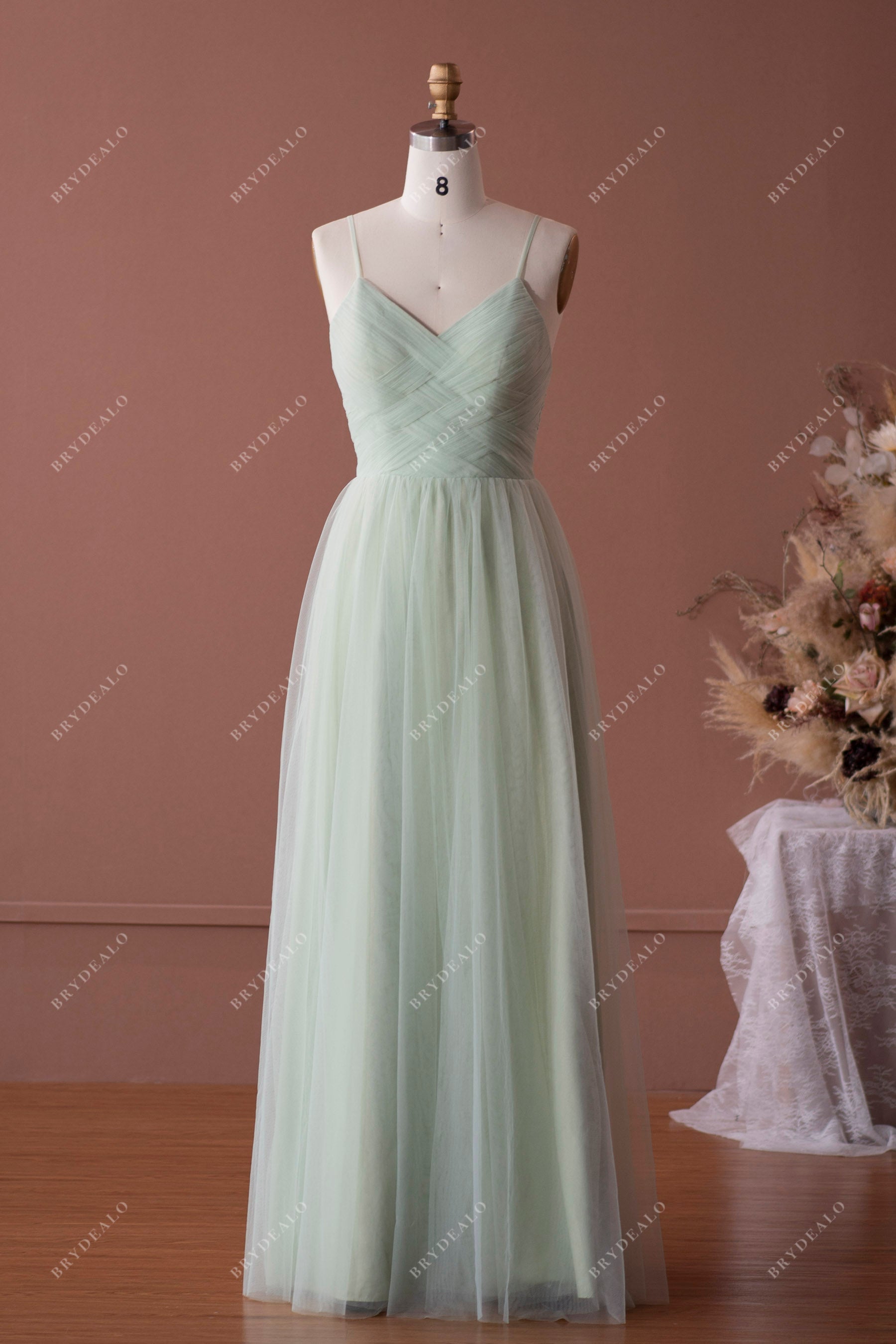 Mint Green Lace Tulle Thin Strap Weave Bridesmaid Dress Sample Sale