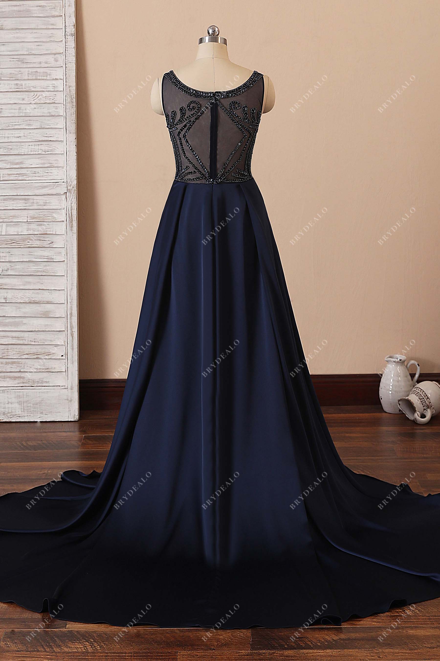 navy blue illusion back beaded A-line satin prom gown