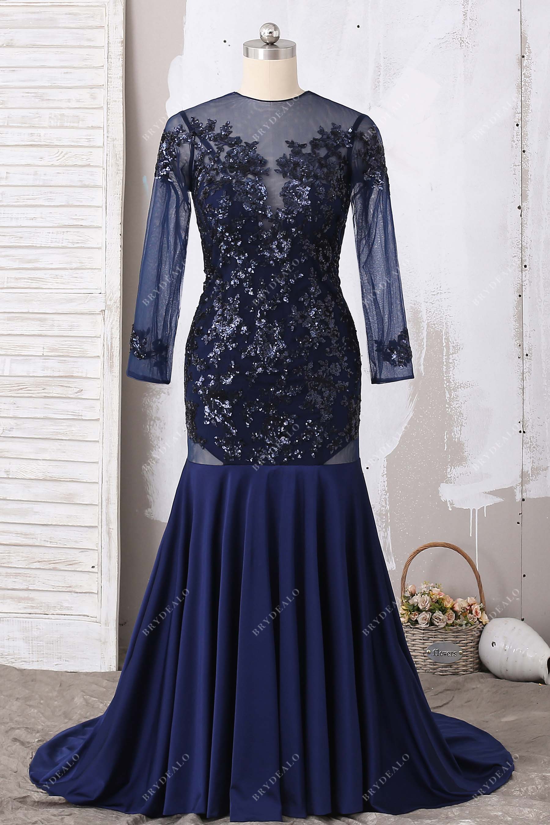 navy sequined applique jersey mermaid prom dress